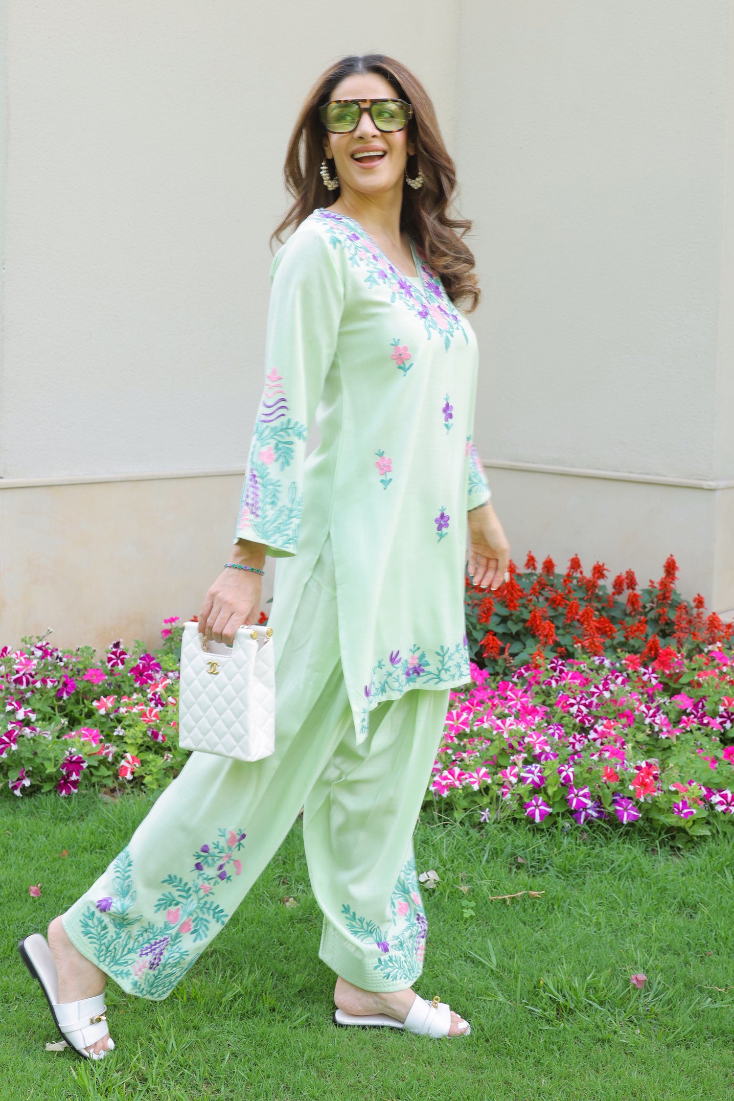 Priyanka x HOK in Cotton Kurta Set in Kashmiri Aari - Pastel Green