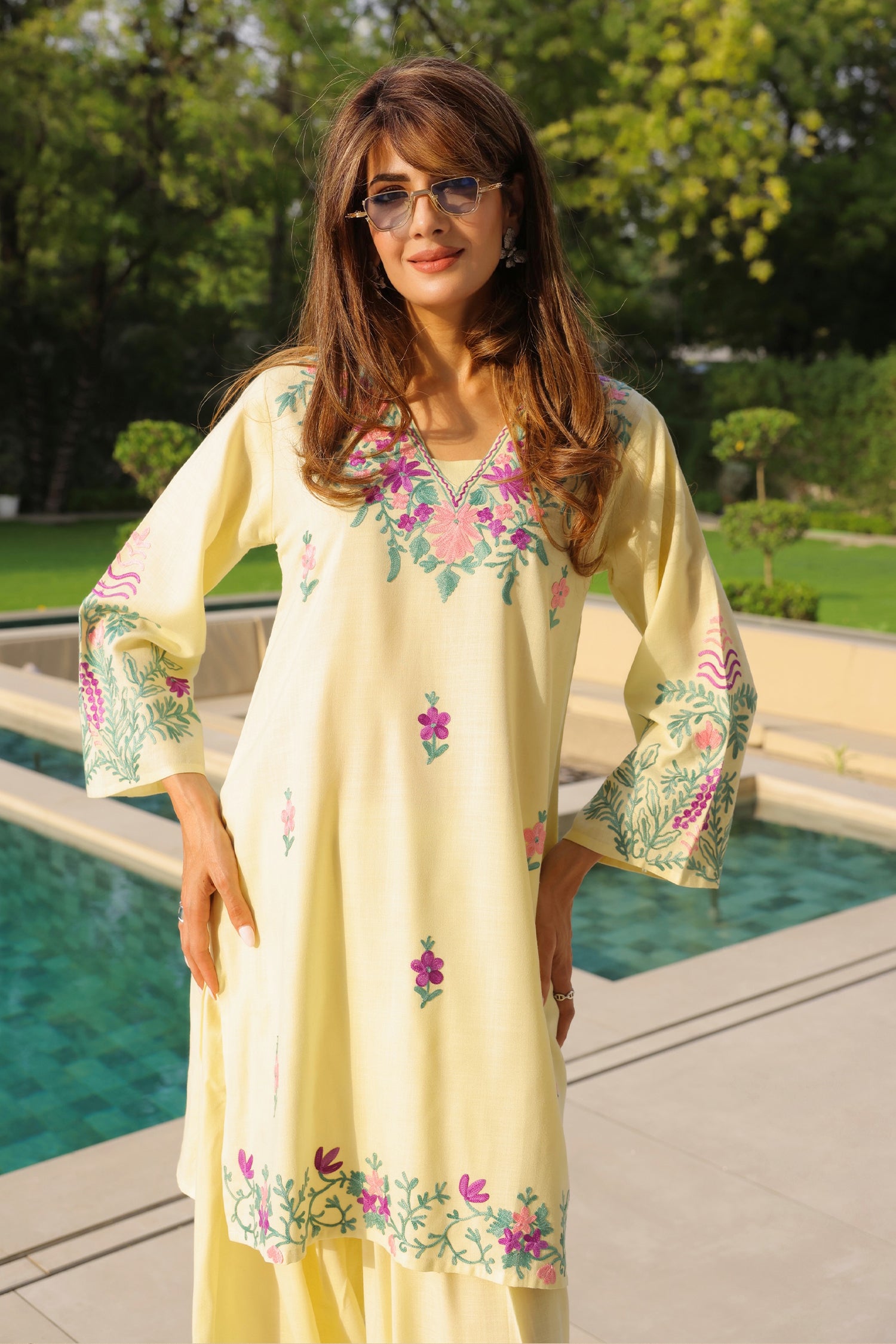 Neha x HOK in Cotton Kurta Set in Kashmiri Aari - Pastel Yellow