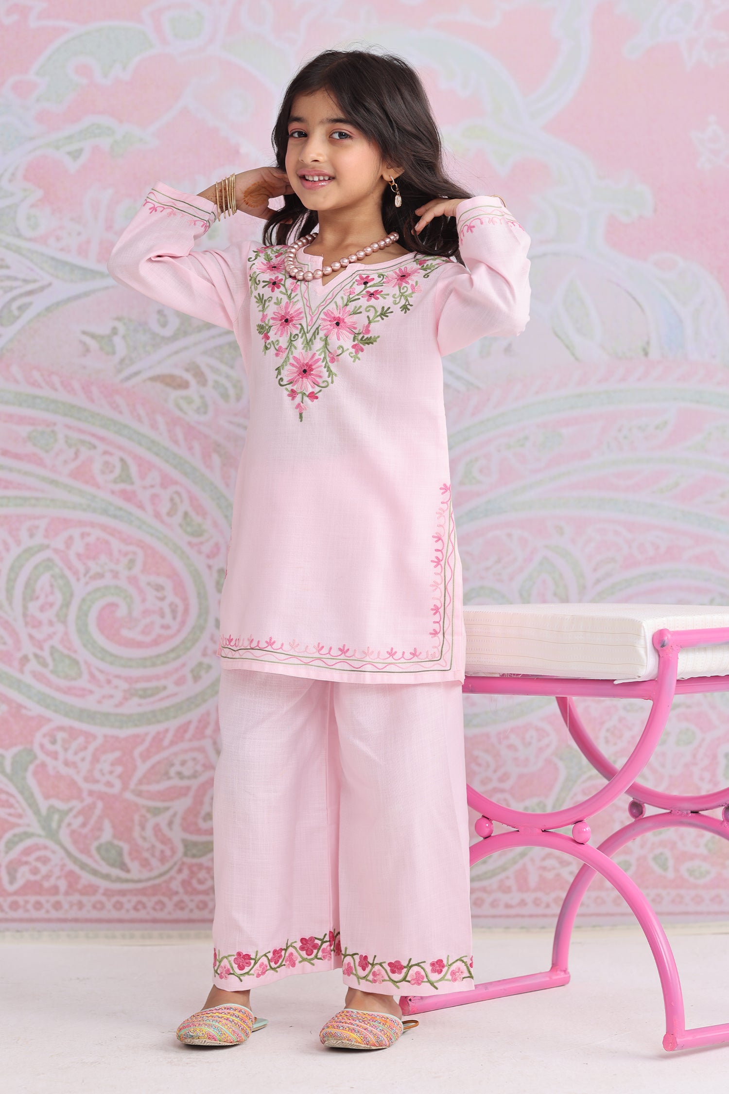 Kids Soft Pink Cotton Kurta Set with Kashmiri Aari Work