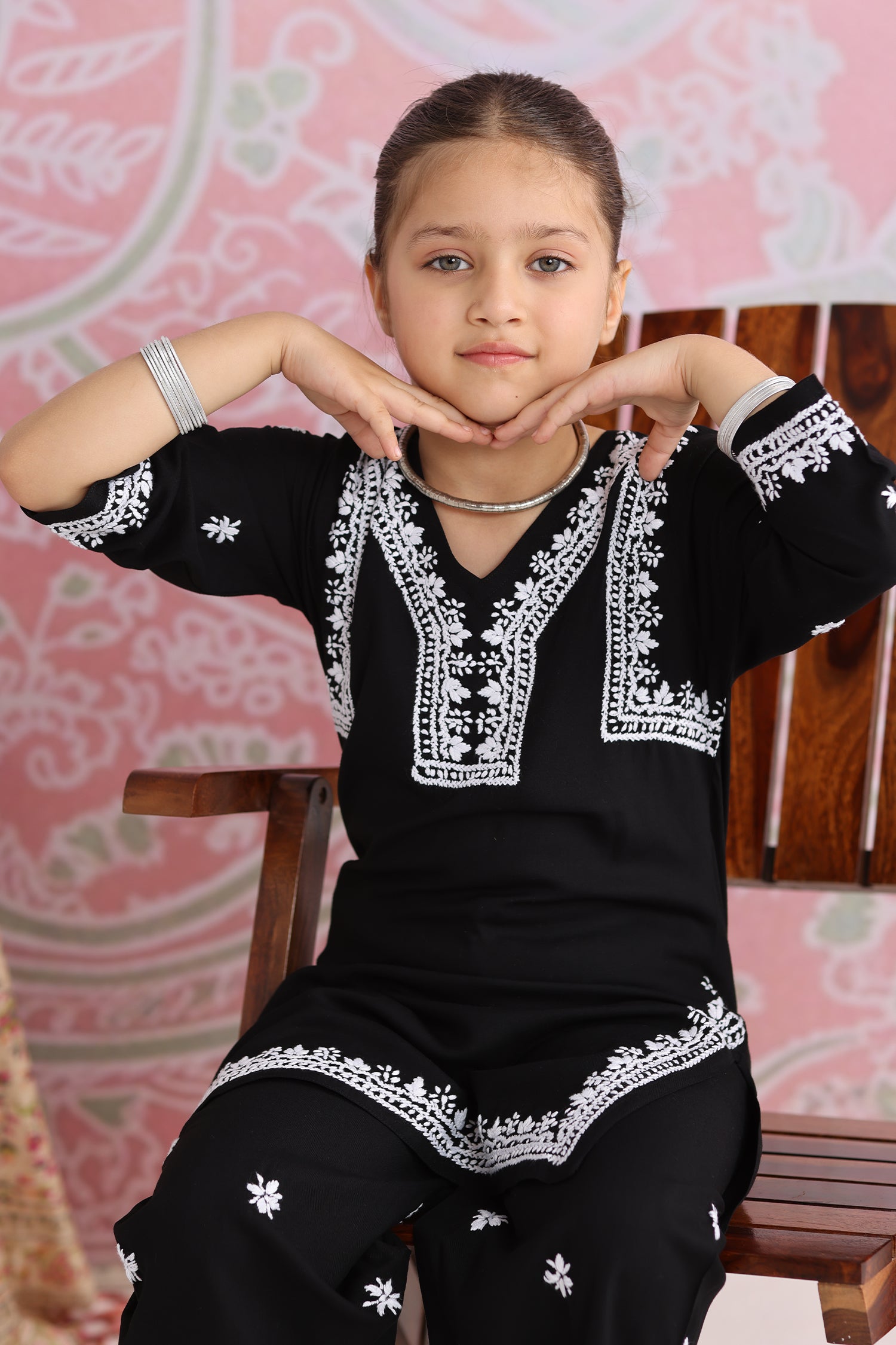 Kids Black Hand-Embroidered Chikankari Rayon Kurta Set