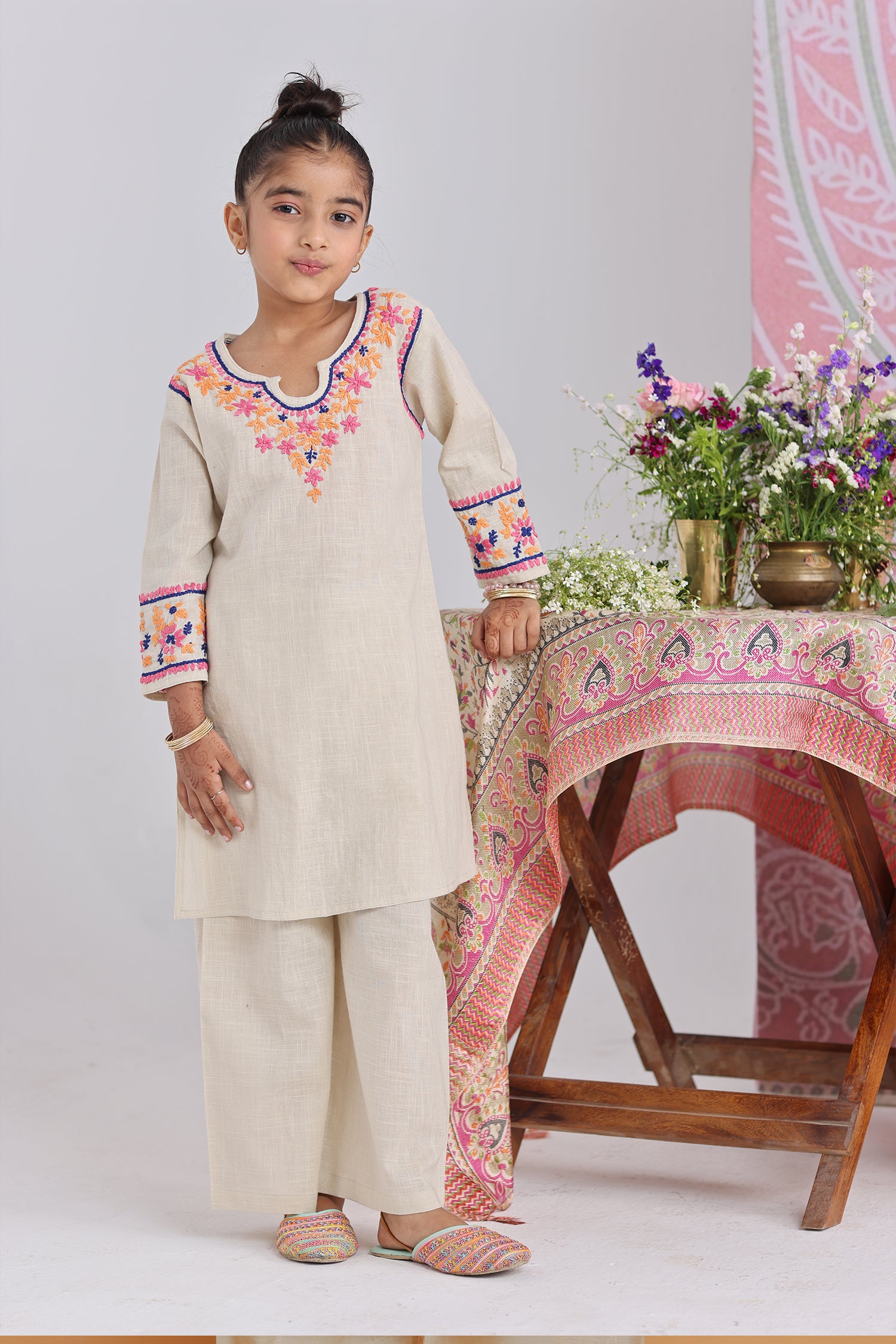 Kids Beige Hand-Embroidered Chikankari Slub Cotton Kurta Set