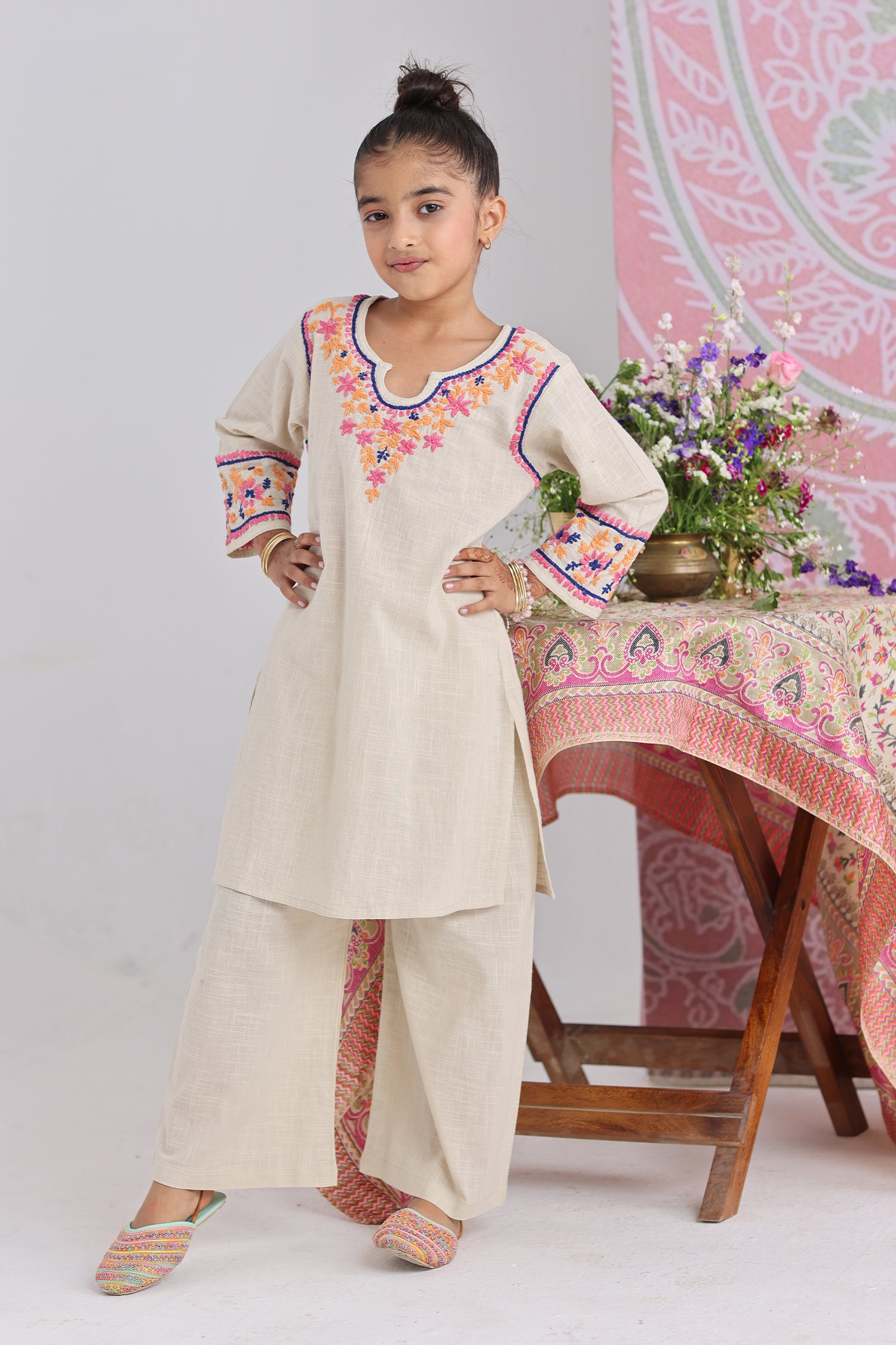 Kids Beige Hand-Embroidered Chikankari Slub Cotton Kurta Set