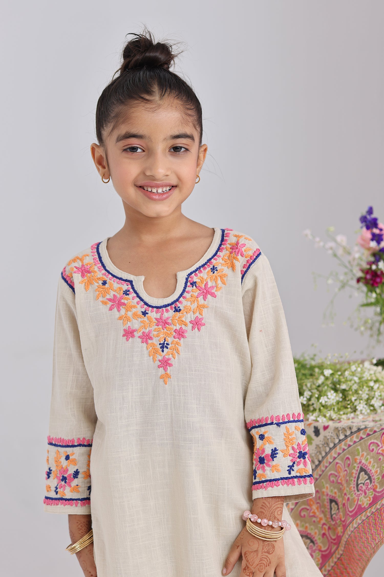 Kids Beige Hand-Embroidered Chikankari Slub Cotton Kurta Set