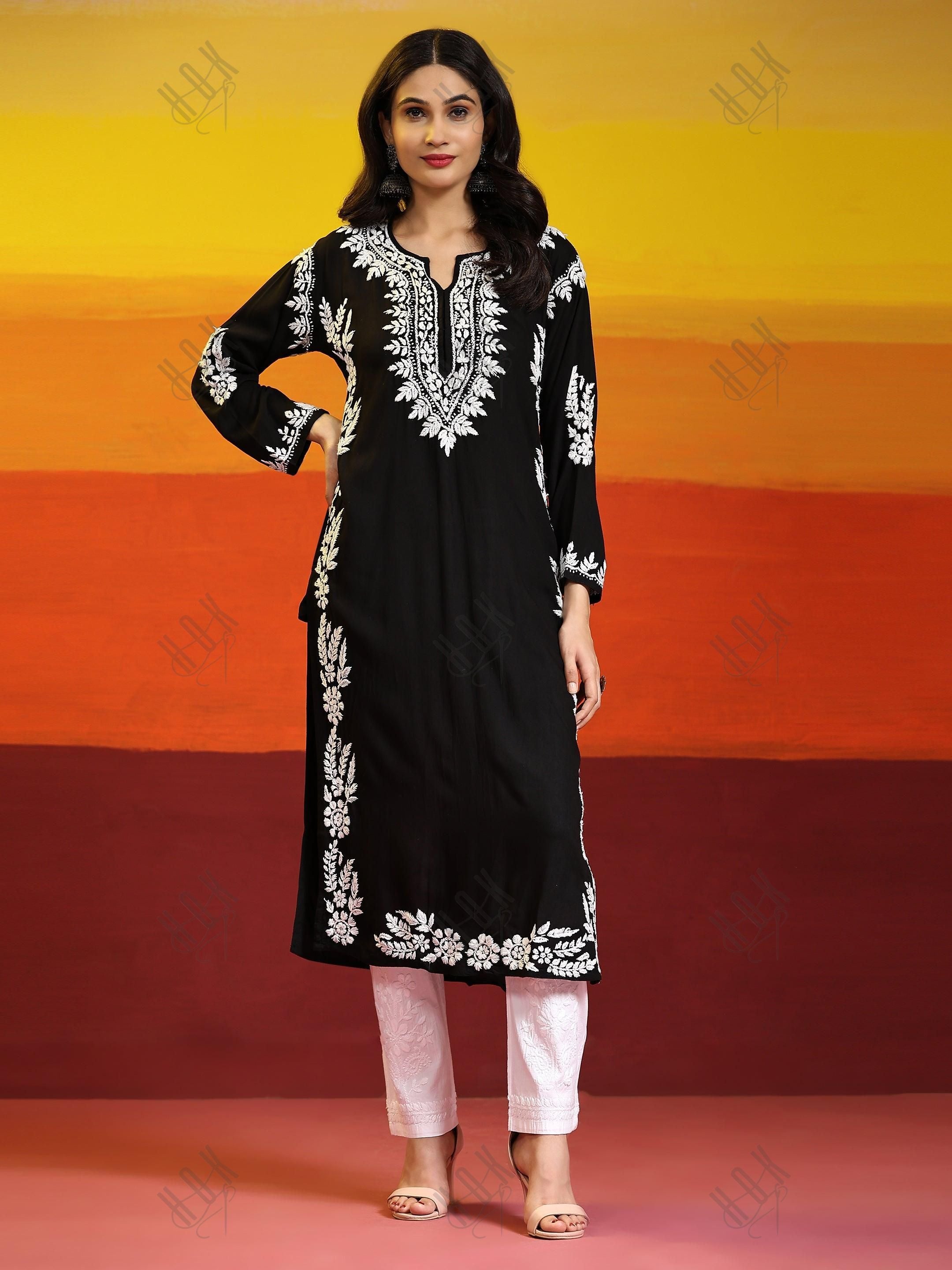 Samma Chikankari Long Kurta in Rayon Cotton for Women- Black - House Of Kari (Chikankari Clothing)