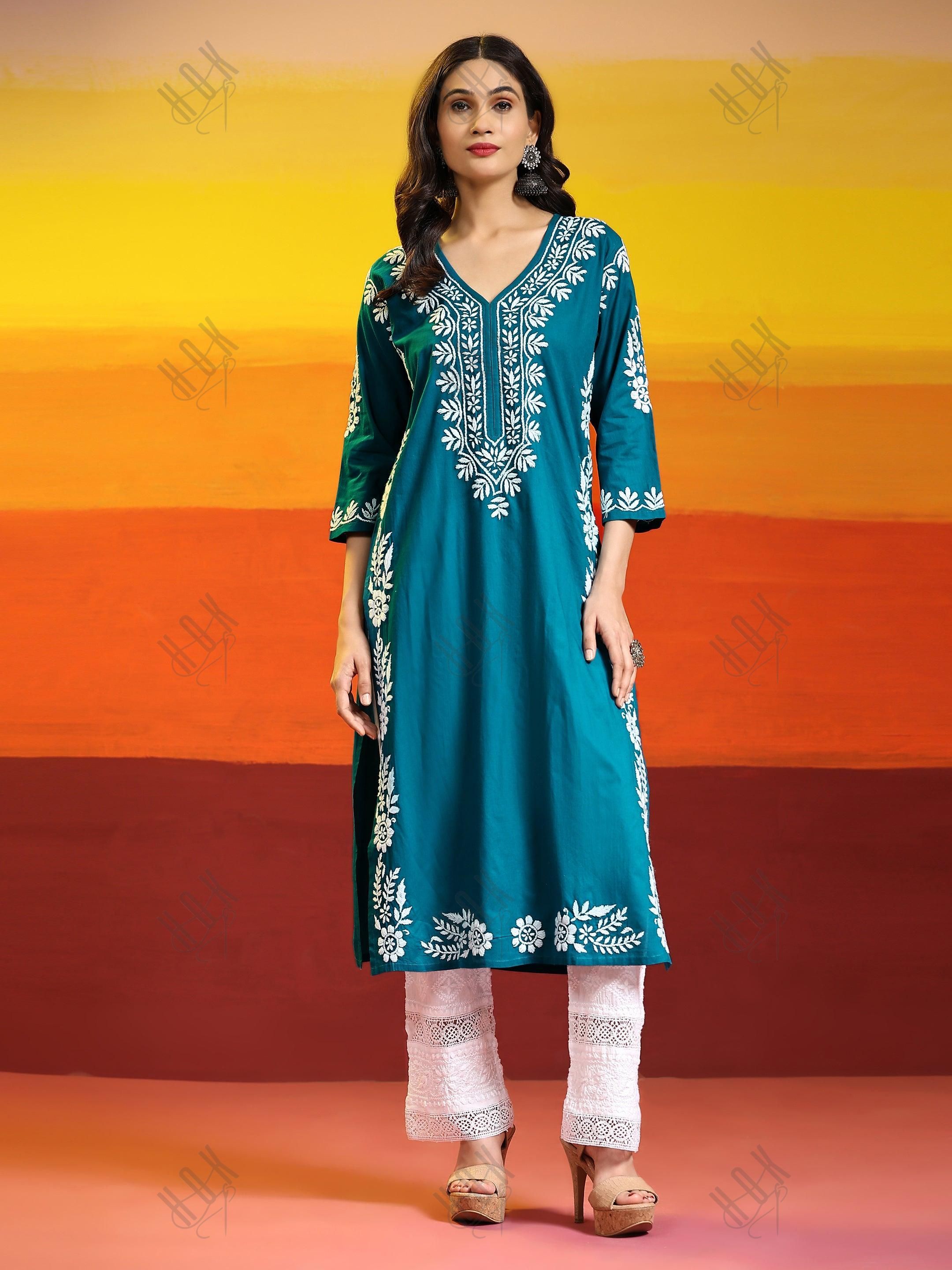 Samma Chikankari Long Kurta in Cotton for Women- Turquoise Blue - House Of Kari (Chikankari Clothing)