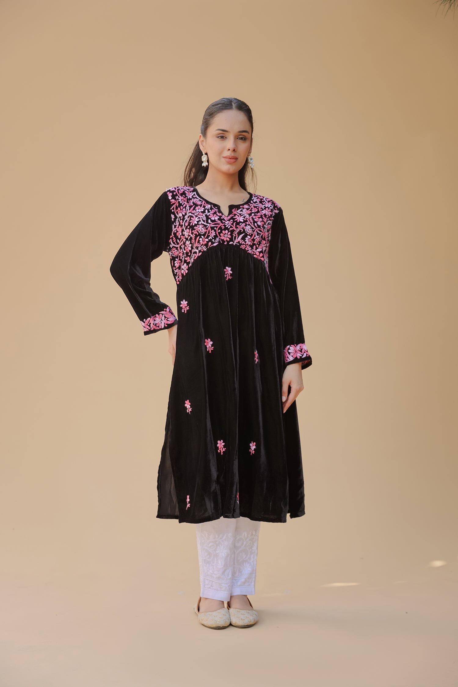 Velvet Chikankari Long Kurti – Blue
