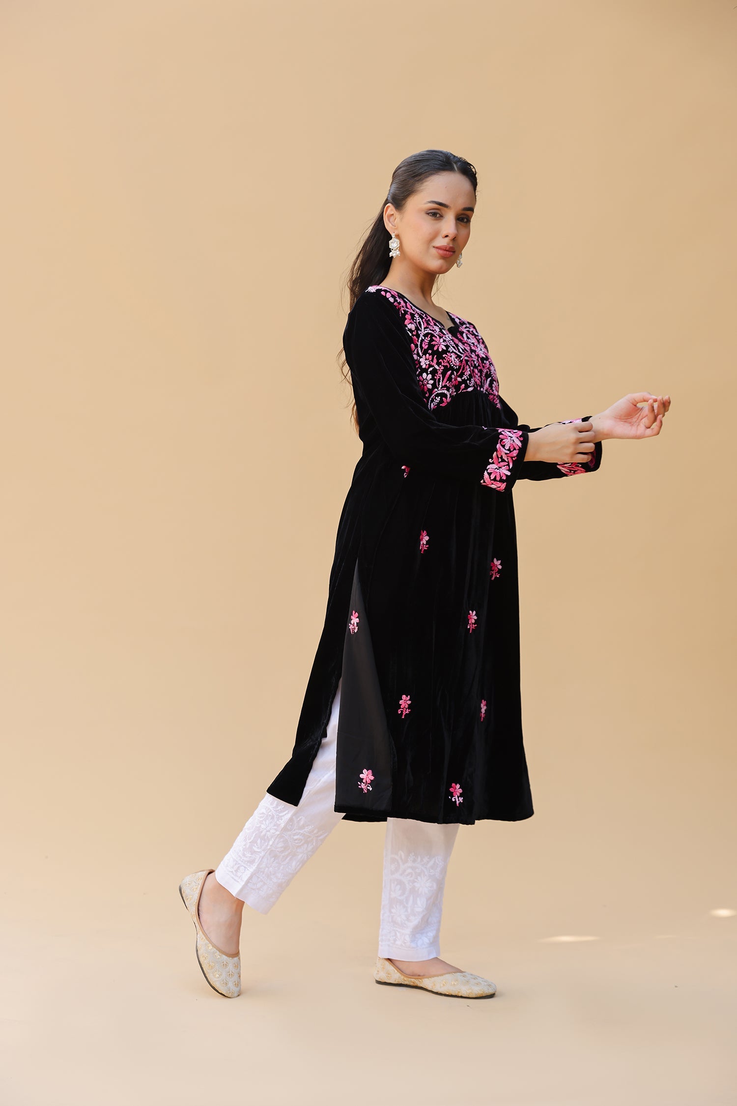 Velvet Chikankari Long Kurti – Blue