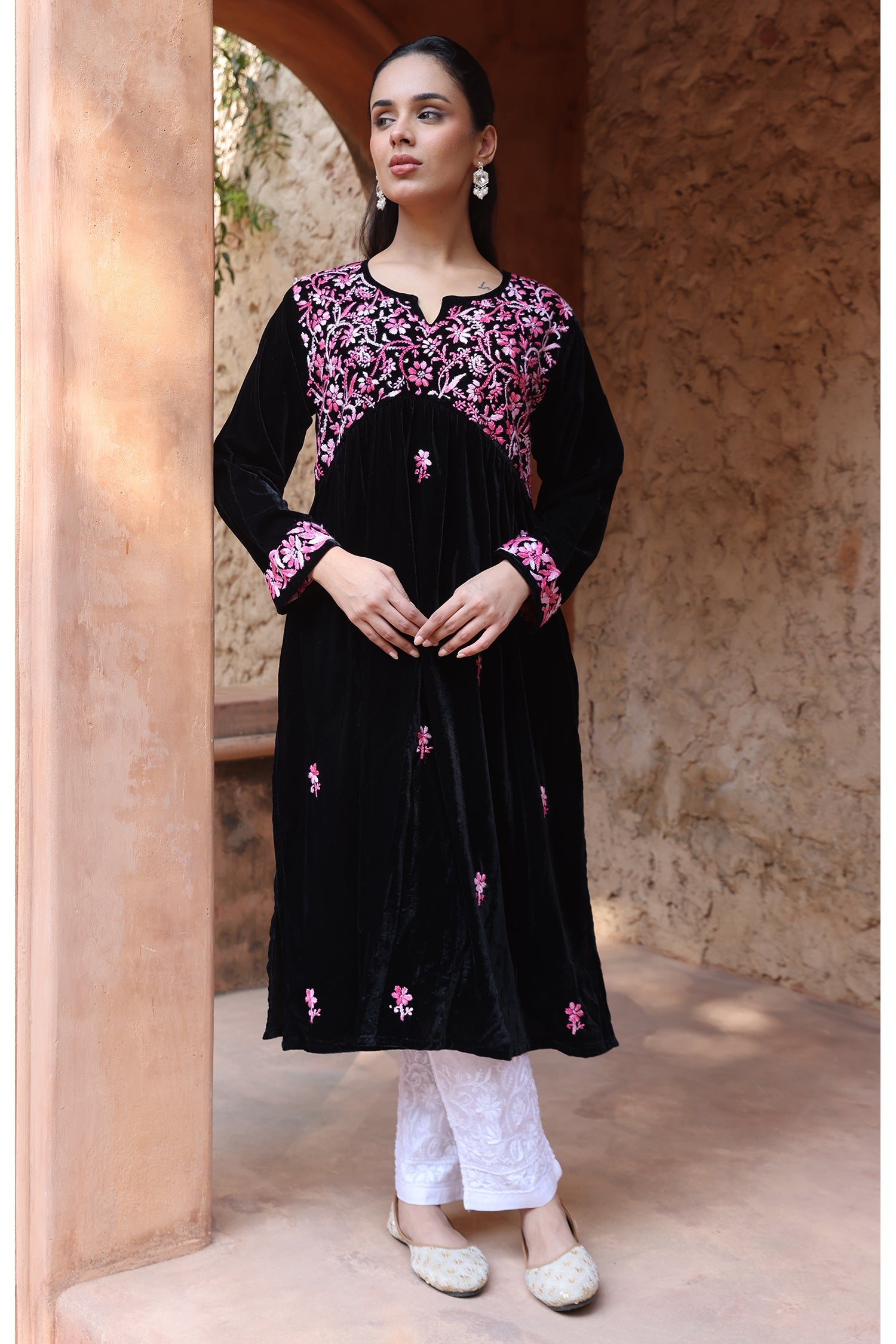 Velvet Chikankari Long Kurti – Blue