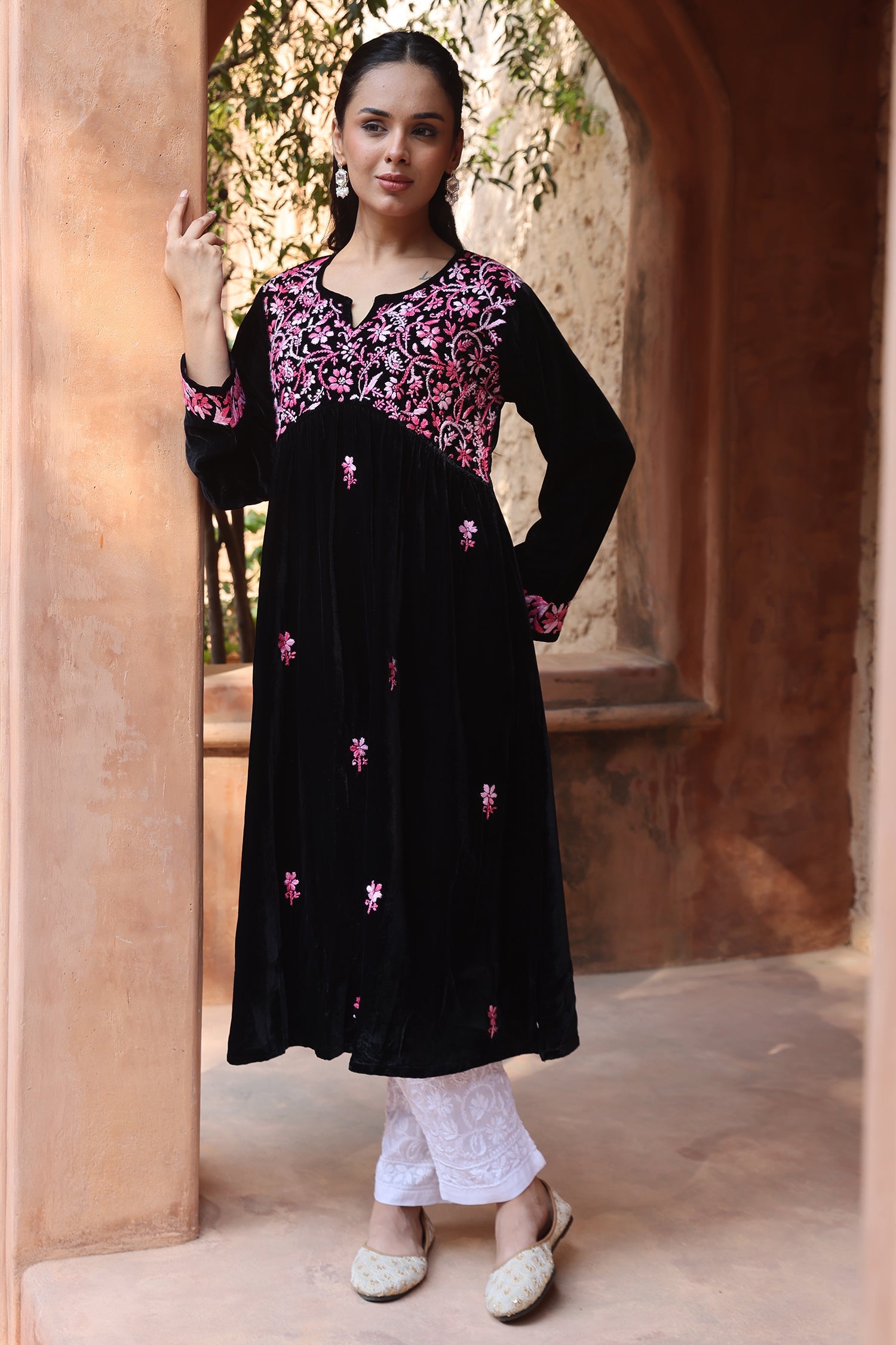 Velvet Chikankari Long Kurti – Blue