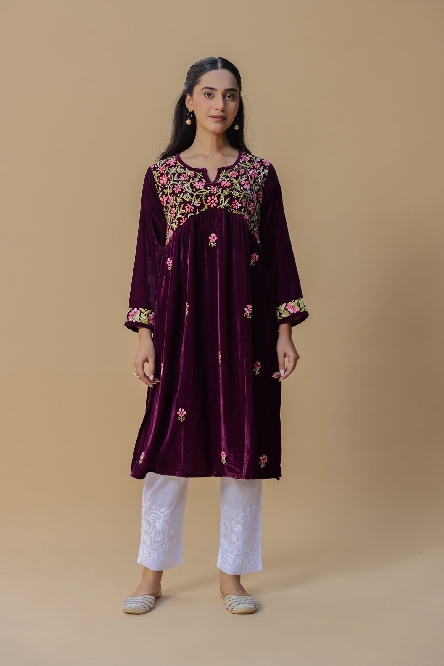 Velvet Chikankari Long Kurti – Purple