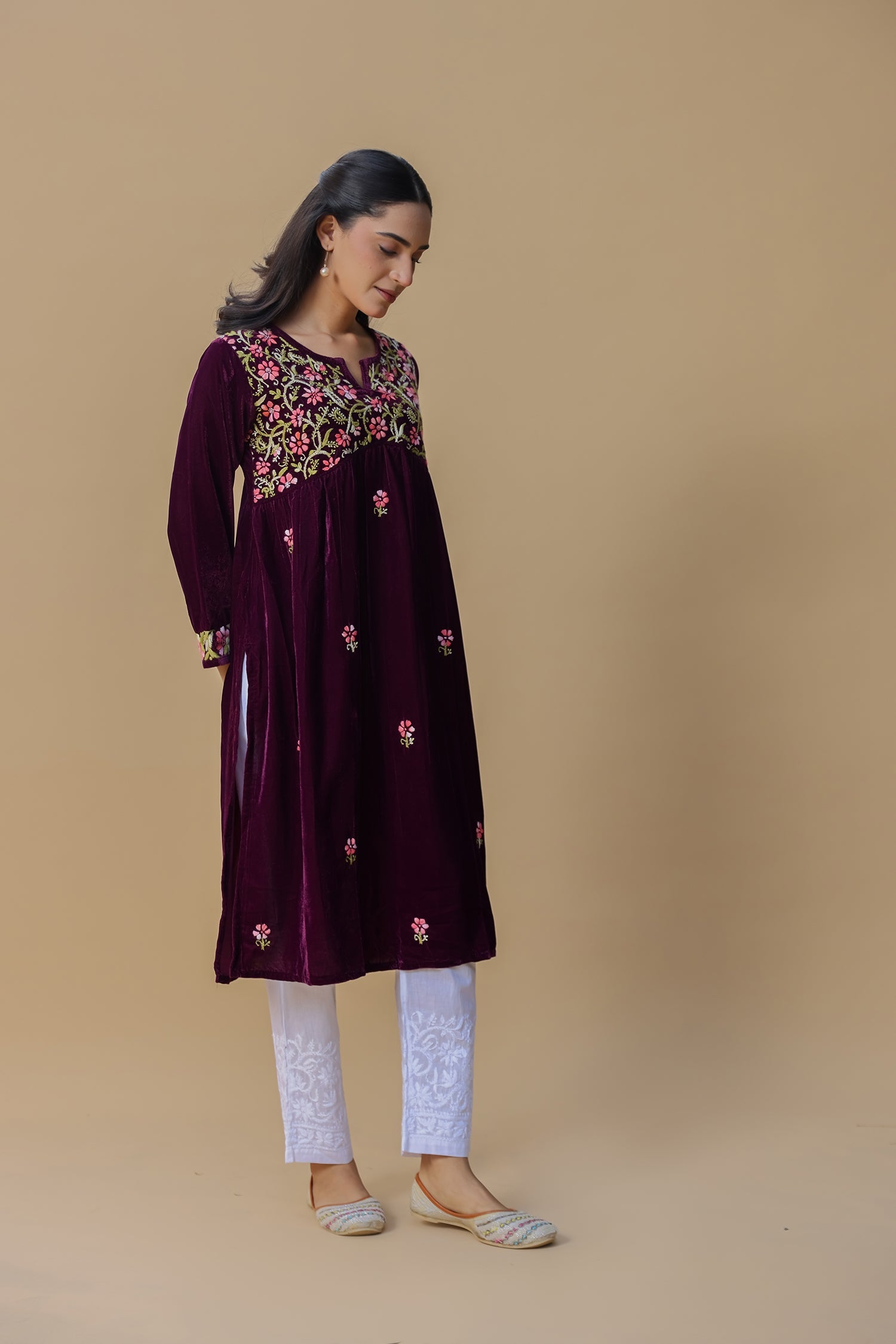 Velvet Chikankari Long Kurti – Purple