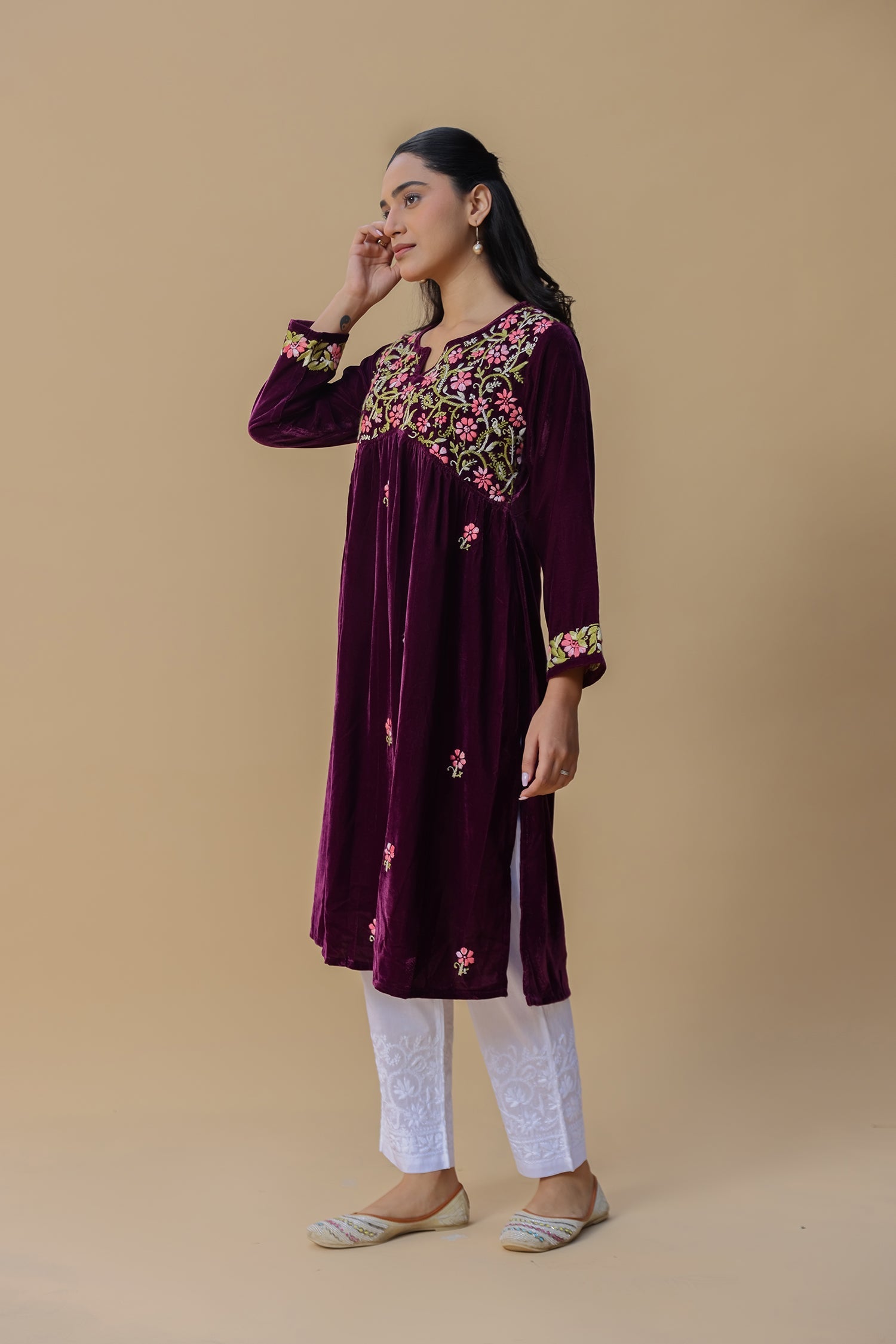 Velvet Chikankari Long Kurti – Purple