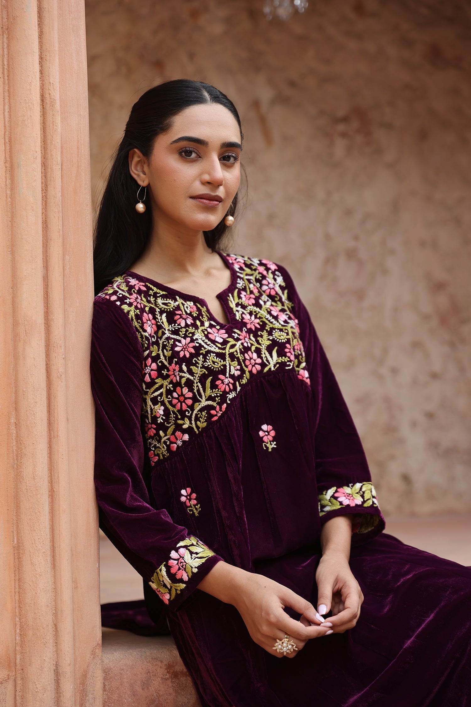 Velvet Chikankari Long Kurti – Purple