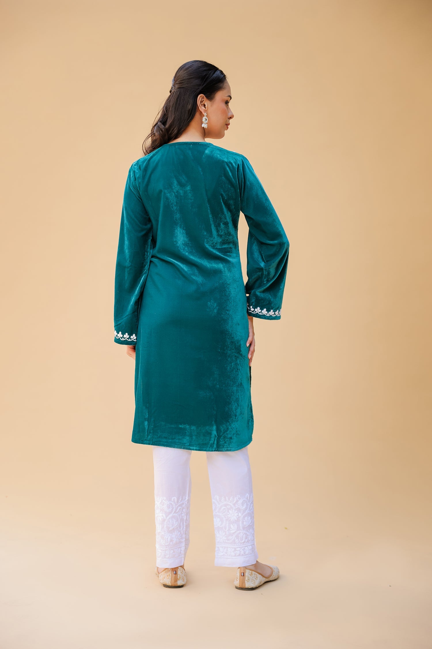 Velvet Chikankari Kurta – Tourquise Blue