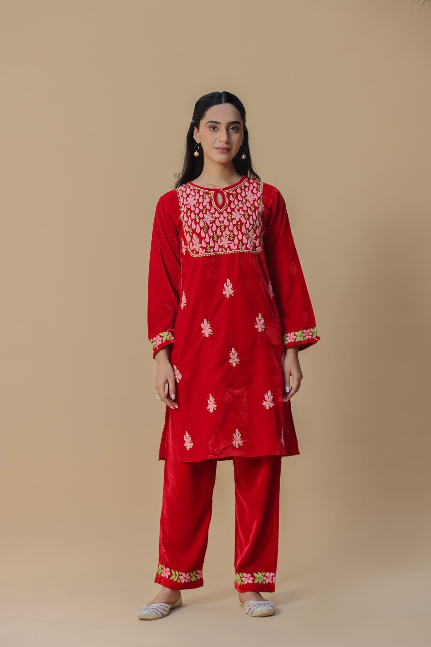 Velvet Chikankari Kurta Set – Red