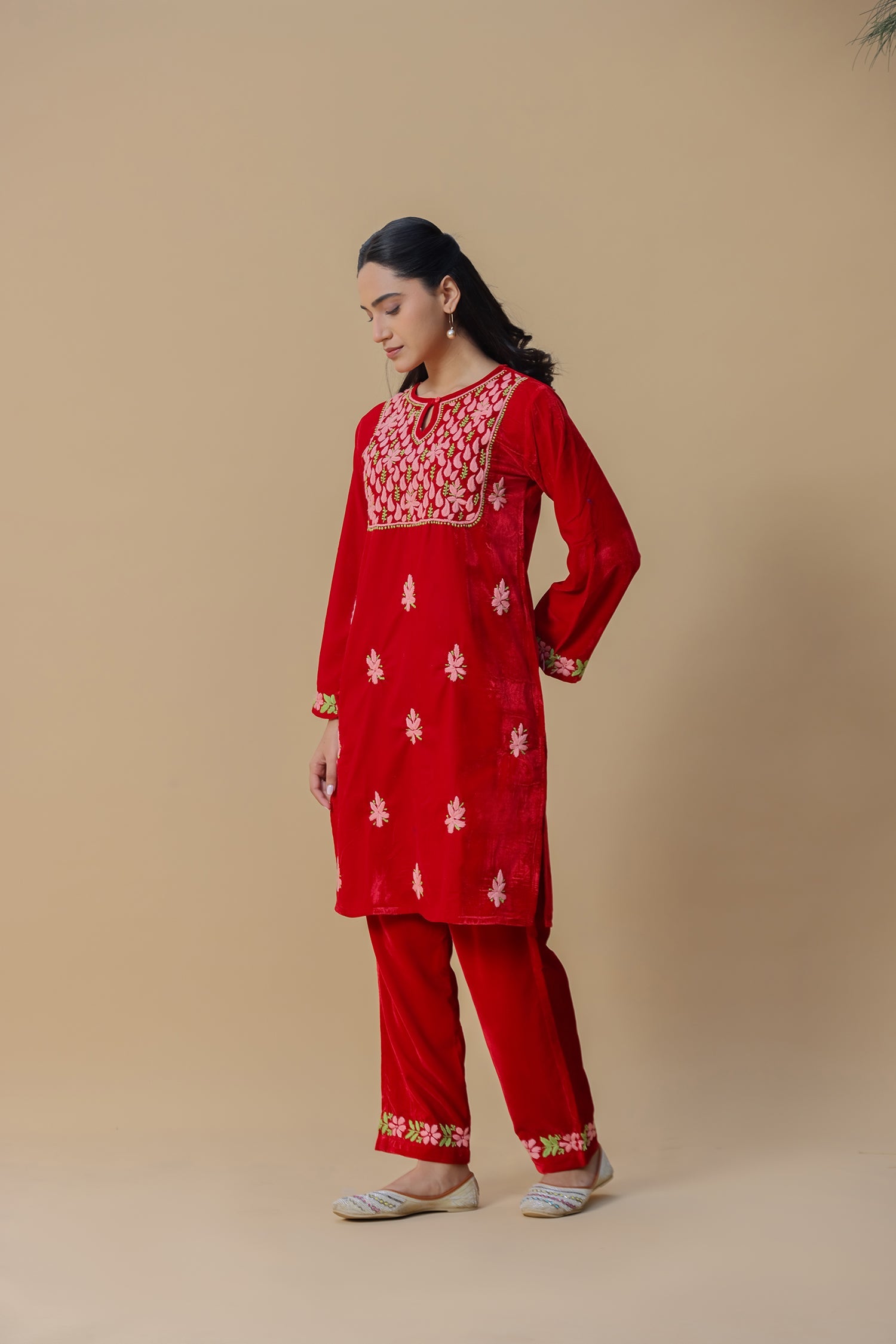 Velvet Chikankari Kurta Set – Red