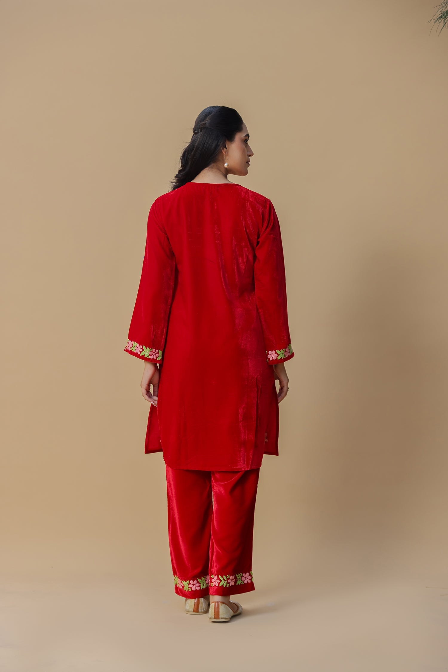 Velvet Chikankari Kurta Set – Red