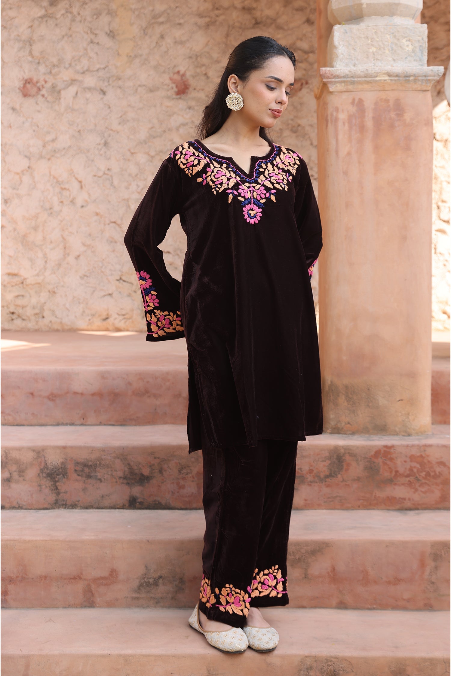 Velvet Chikankari Kurta Set – Wine
