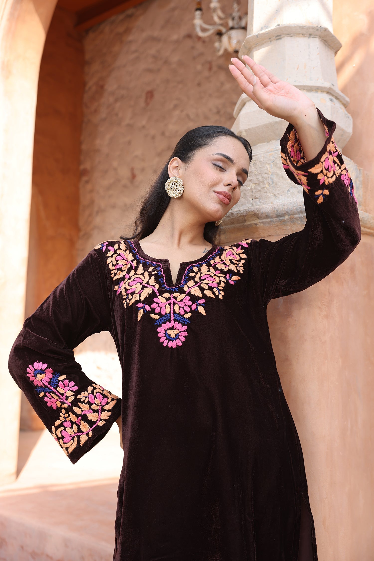 Velvet Chikankari Kurta Set – Wine