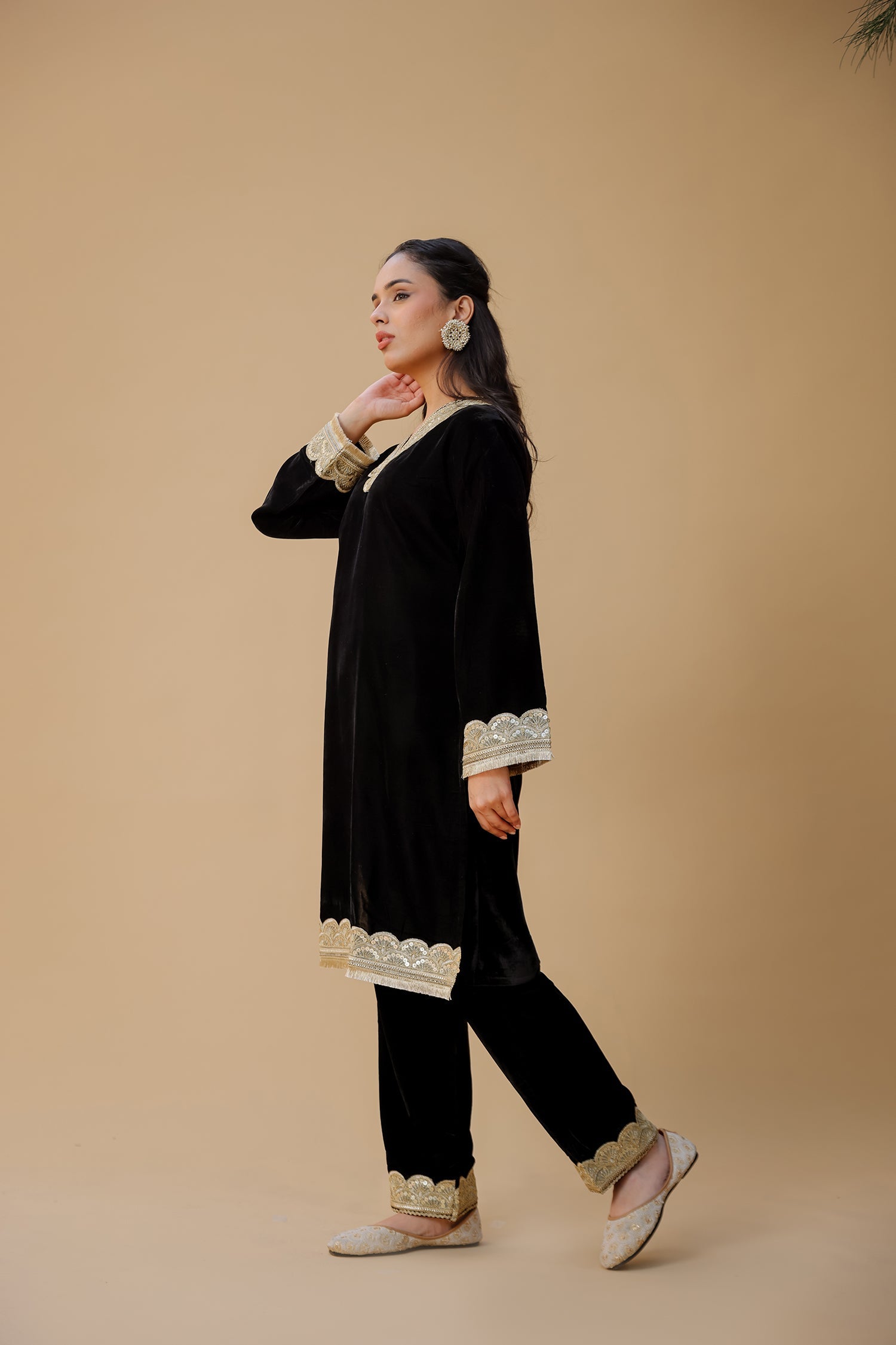 Velvet Kurta Set with Gold Zari Lace Work - Black