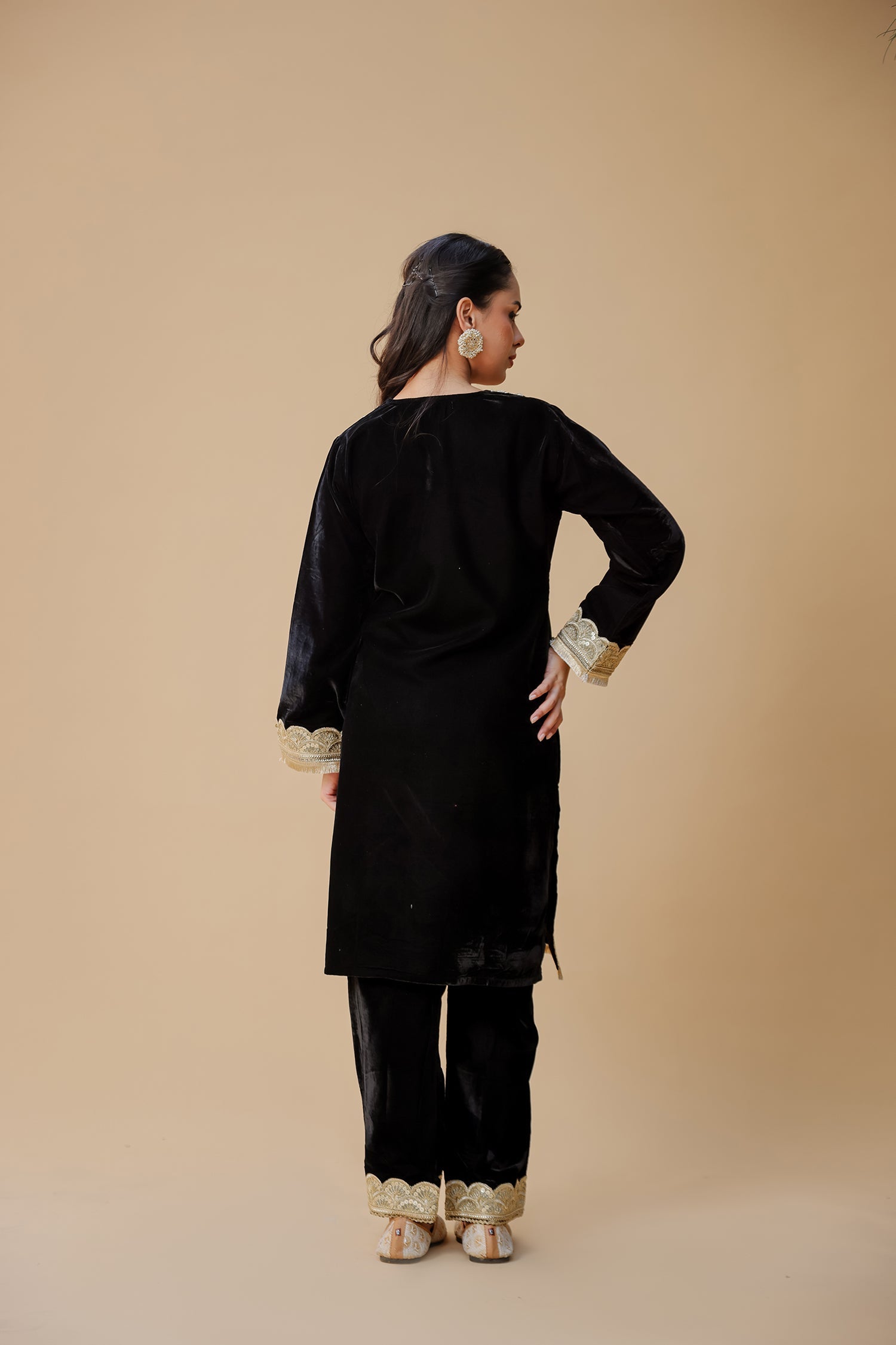 Velvet Kurta Set with Gold Zari Lace Work - Black