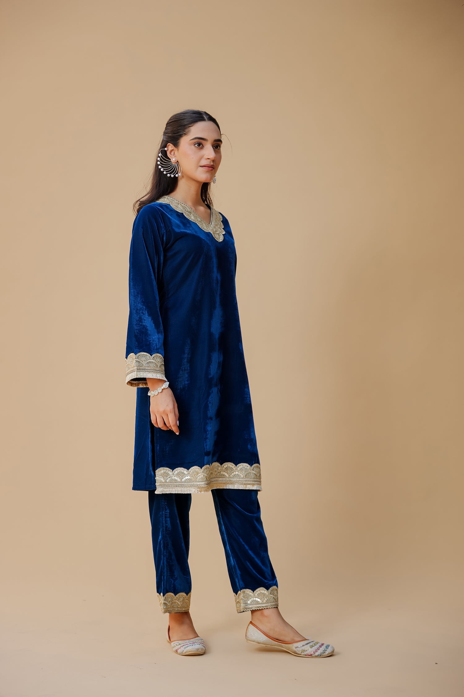 Velvet Kurta Set with Gold Zari Lace Work - Blue