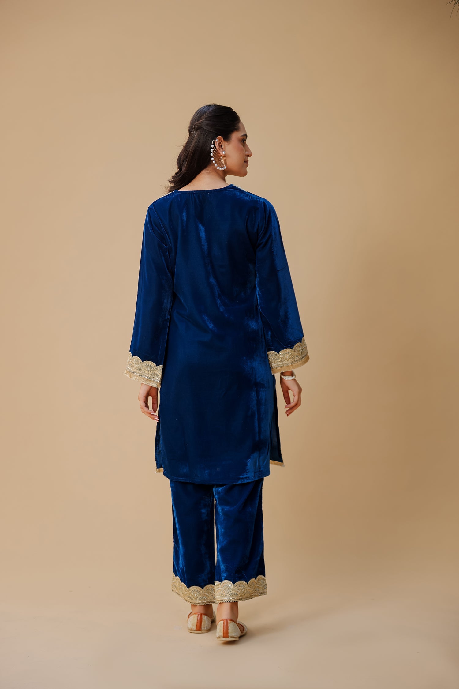 Velvet Kurta Set with Gold Zari Lace Work - Blue