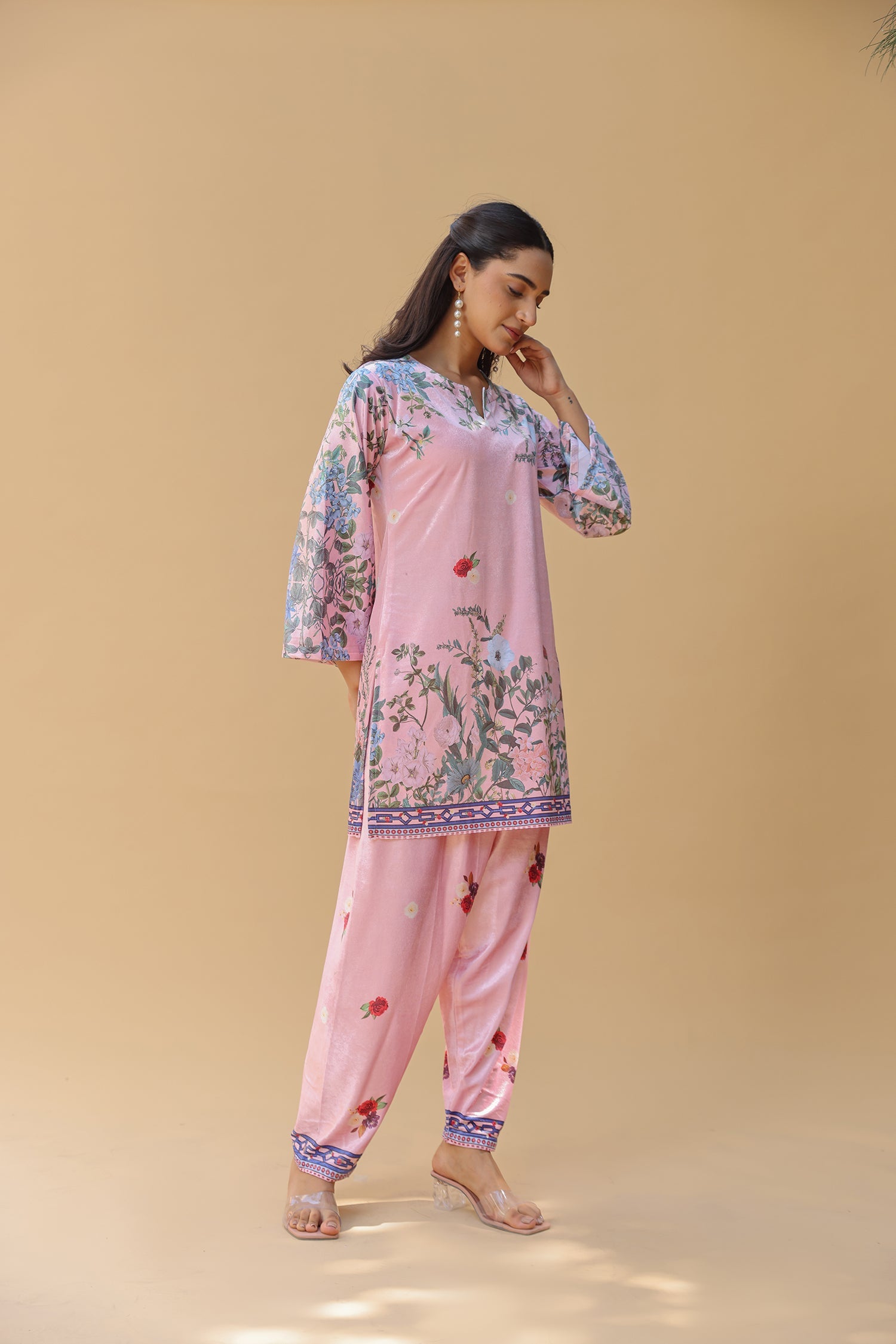 Velvet Printkari Coord Set with Straight Bottoms – Blush Pink