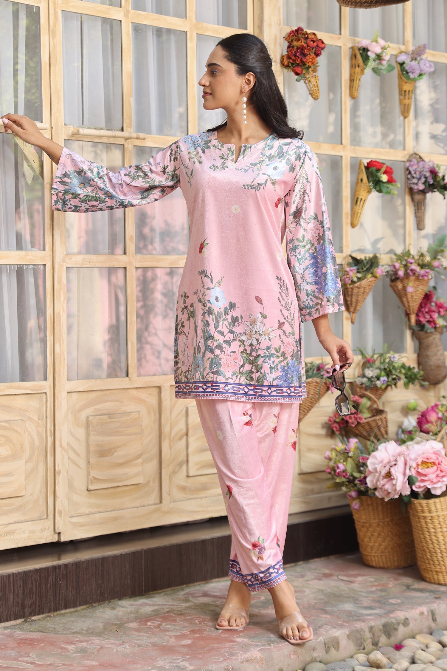 Velvet Printkari Coord Set with Straight Bottoms – Blush Pink