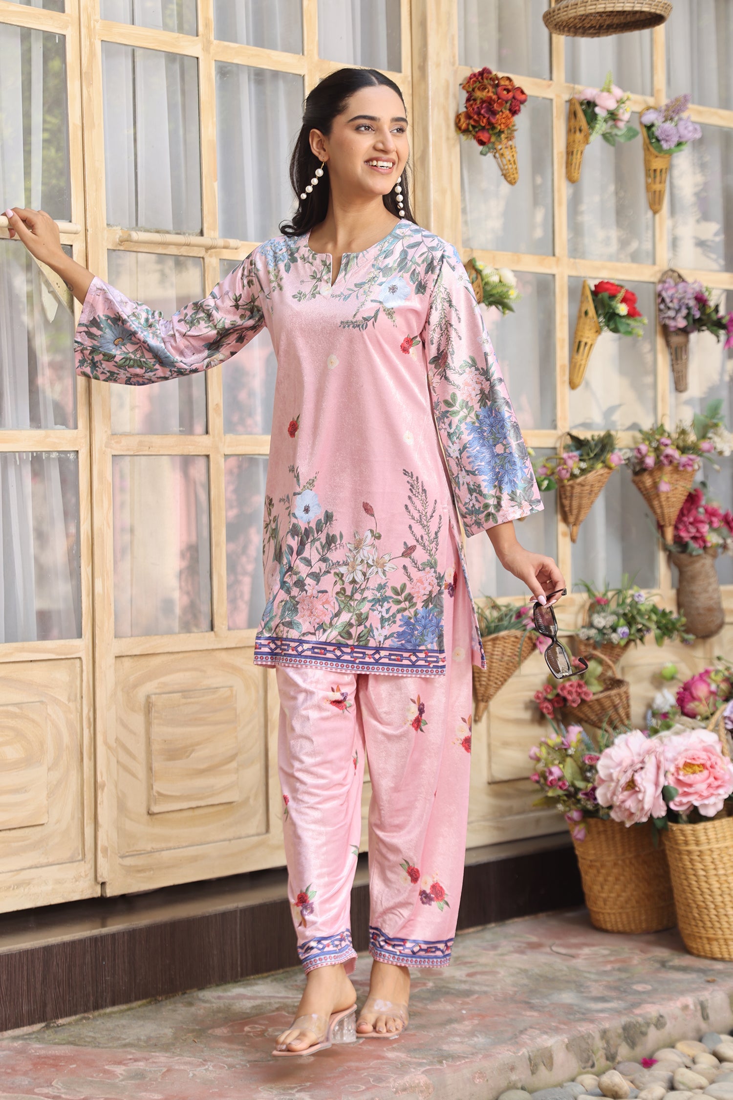 Velvet Printkari Coord Set with Straight Bottoms – Blush Pink