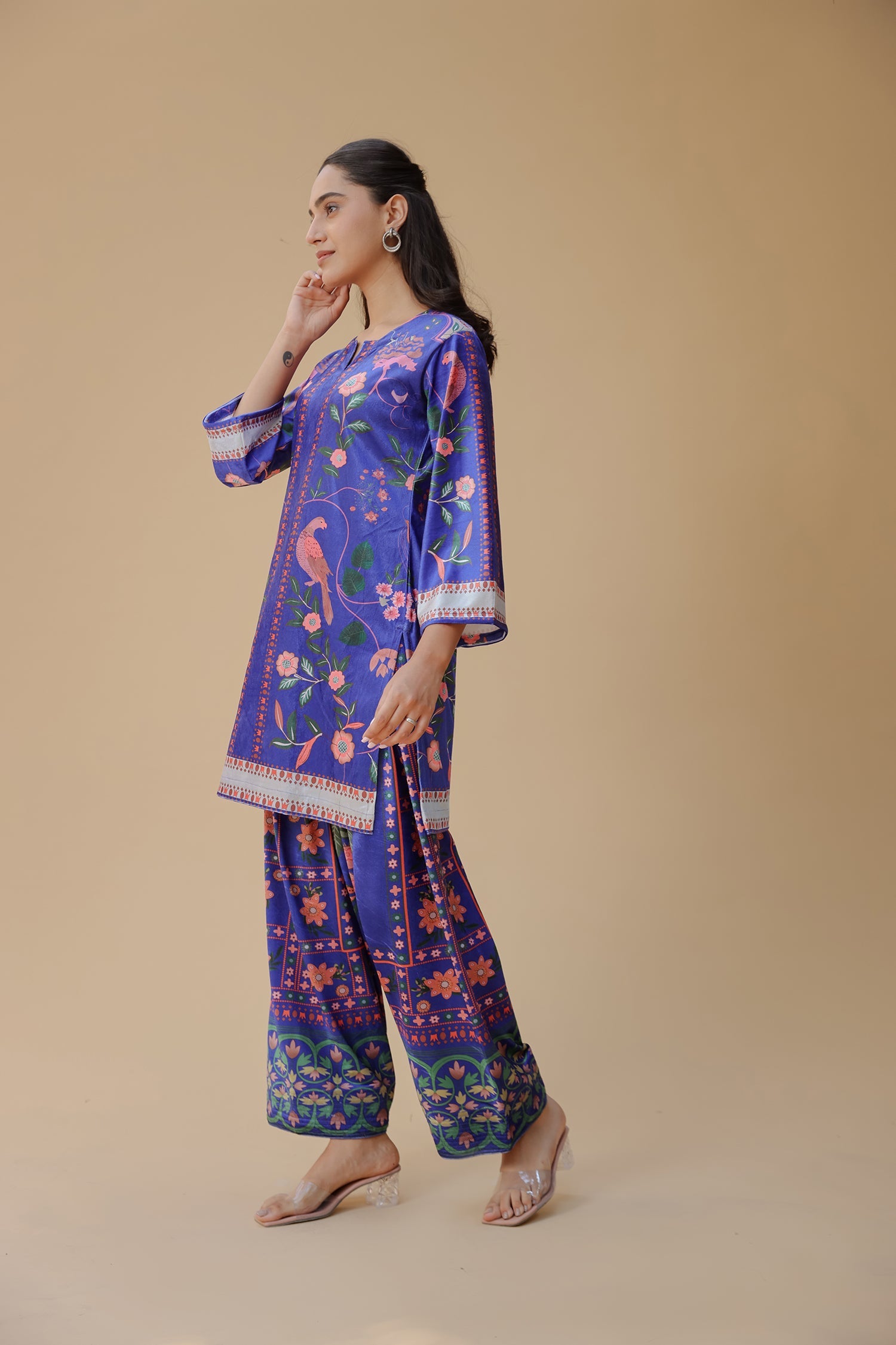 Velvet Printkari Coord Set with Farsi Bottoms – Royal Blue