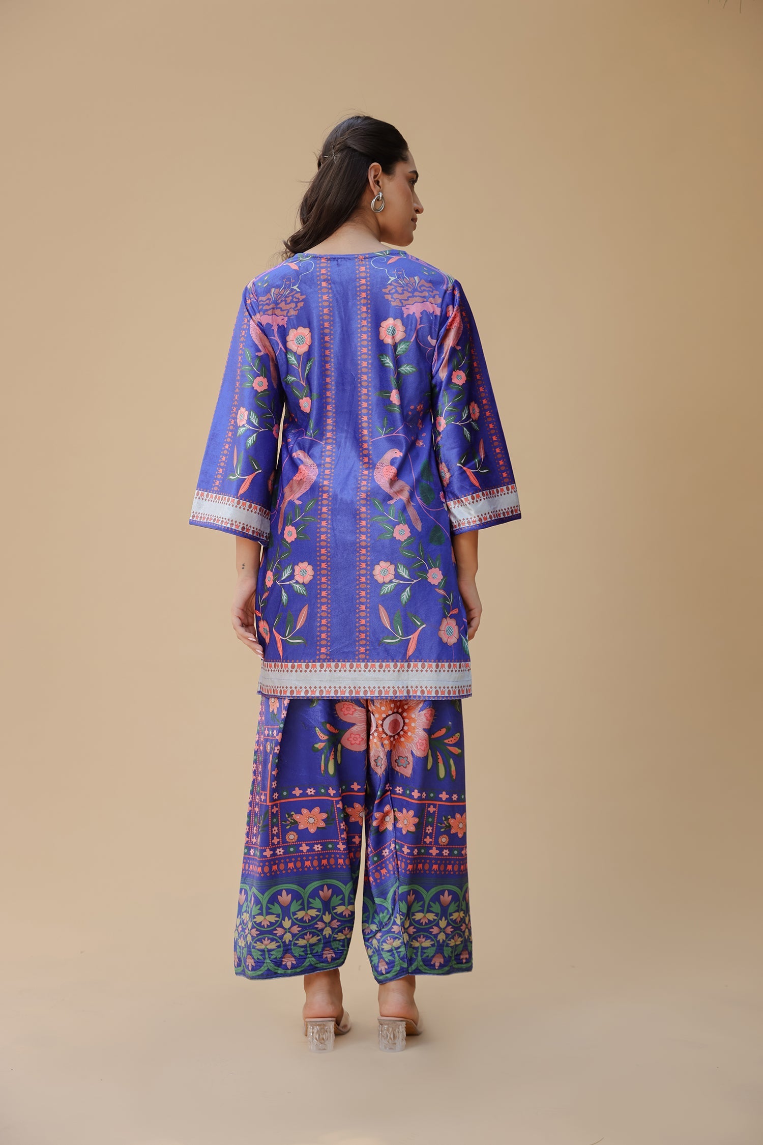 Velvet Printkari Coord Set with Farsi Bottoms – Royal Blue