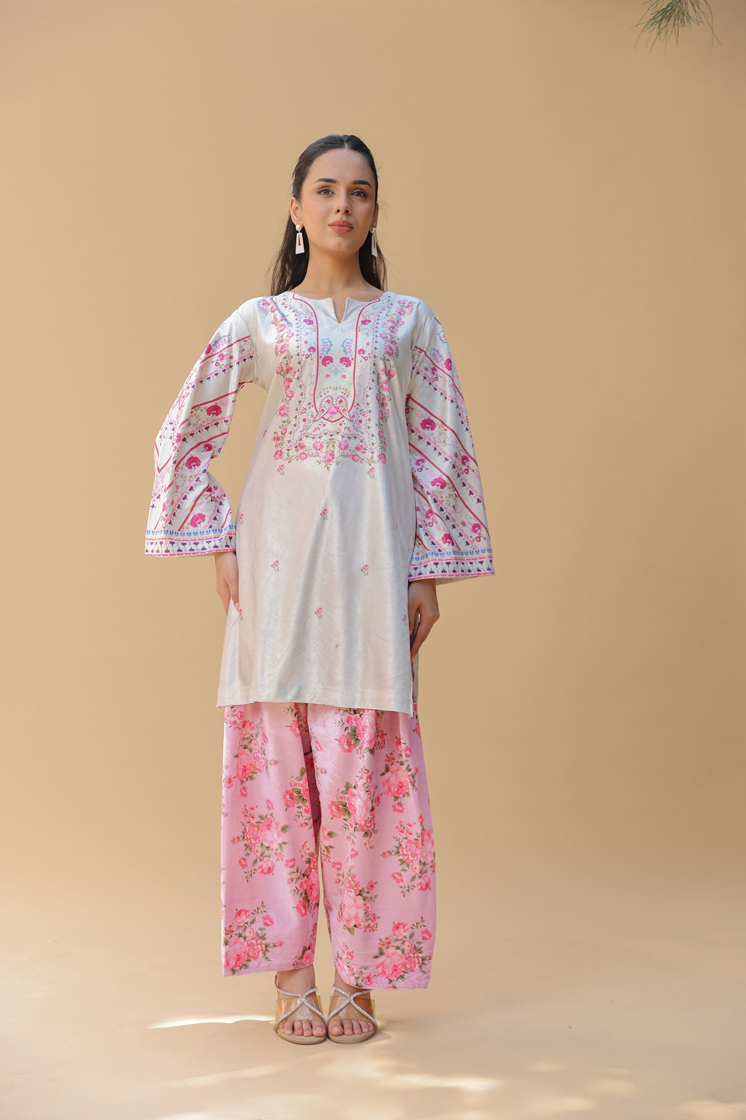 Velvet Printkari Coord Set with Farsi Bottoms – Ivory & Pink Floral
