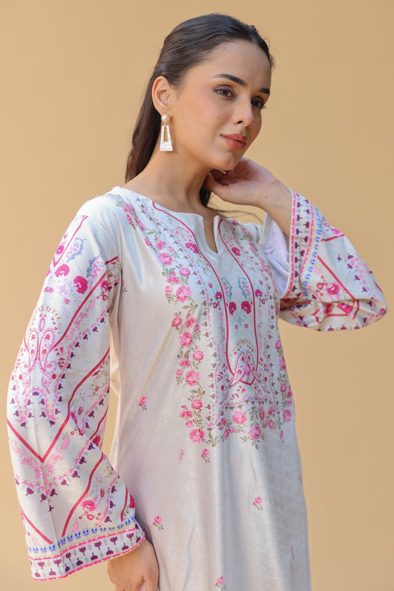 Velvet Printkari Coord Set with Farsi Bottoms – Ivory & Pink Floral