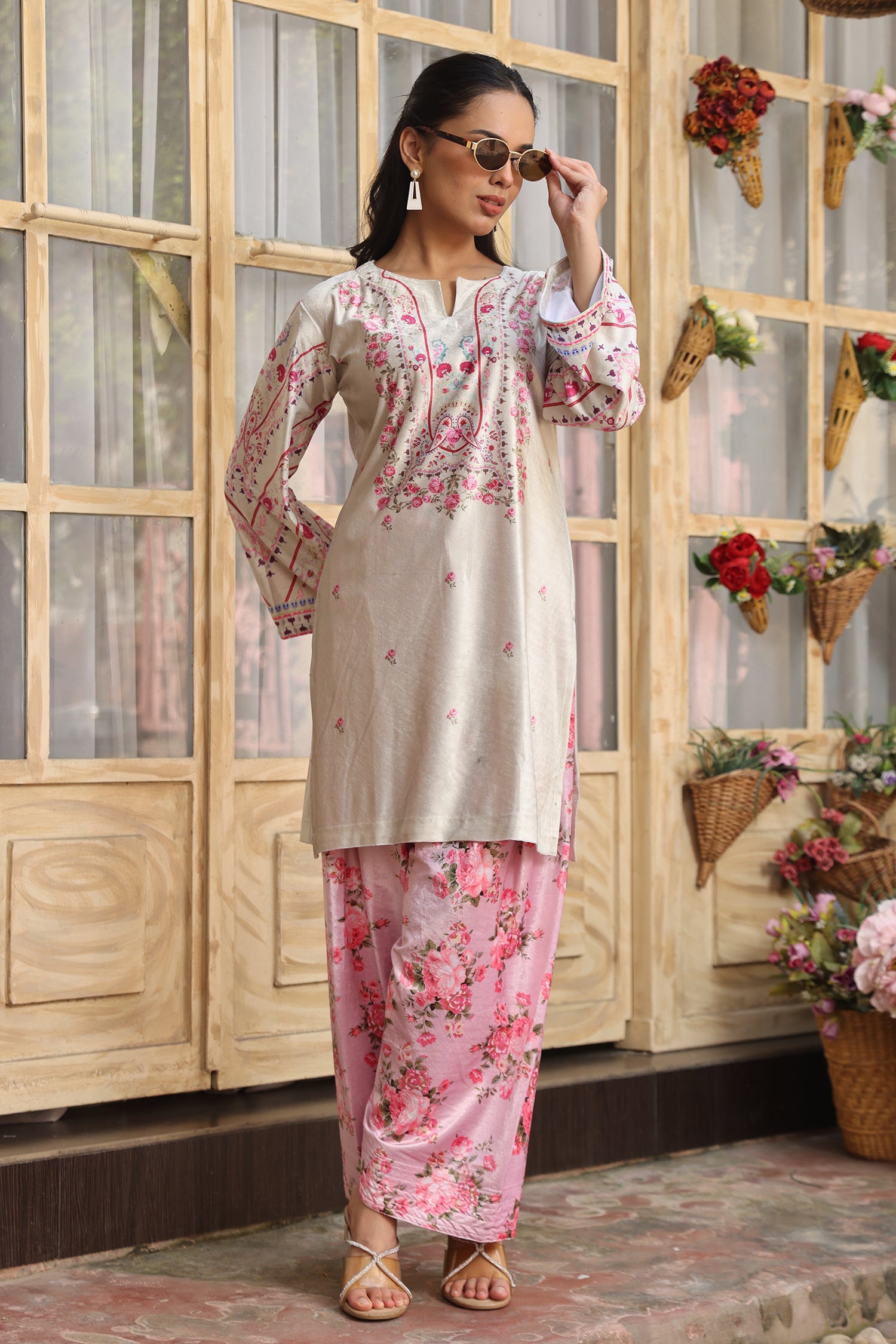 Velvet Printkari Coord Set with Farsi Bottoms – Ivory & Pink Floral