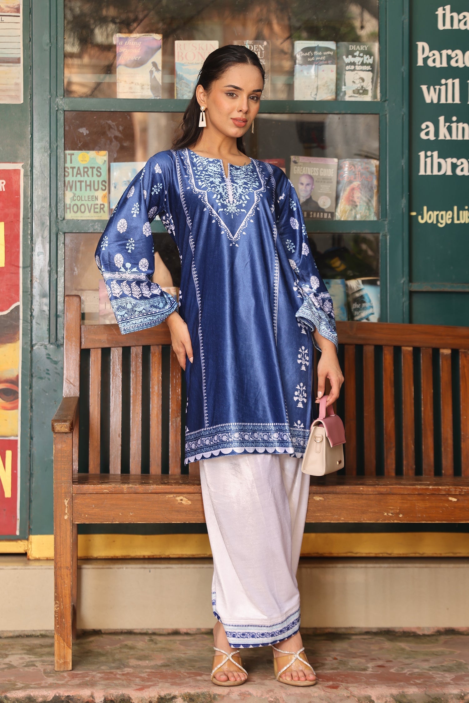 Velvet Printkari Coord Set with Farsi Bottoms – Blue & White