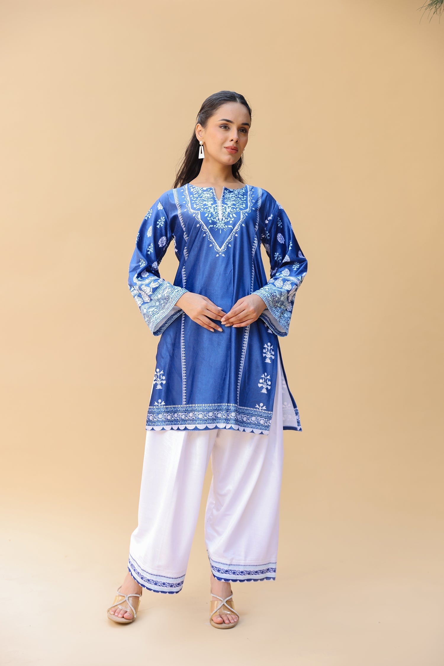 Velvet Printkari Coord Set with Farsi Bottoms – Blue & White