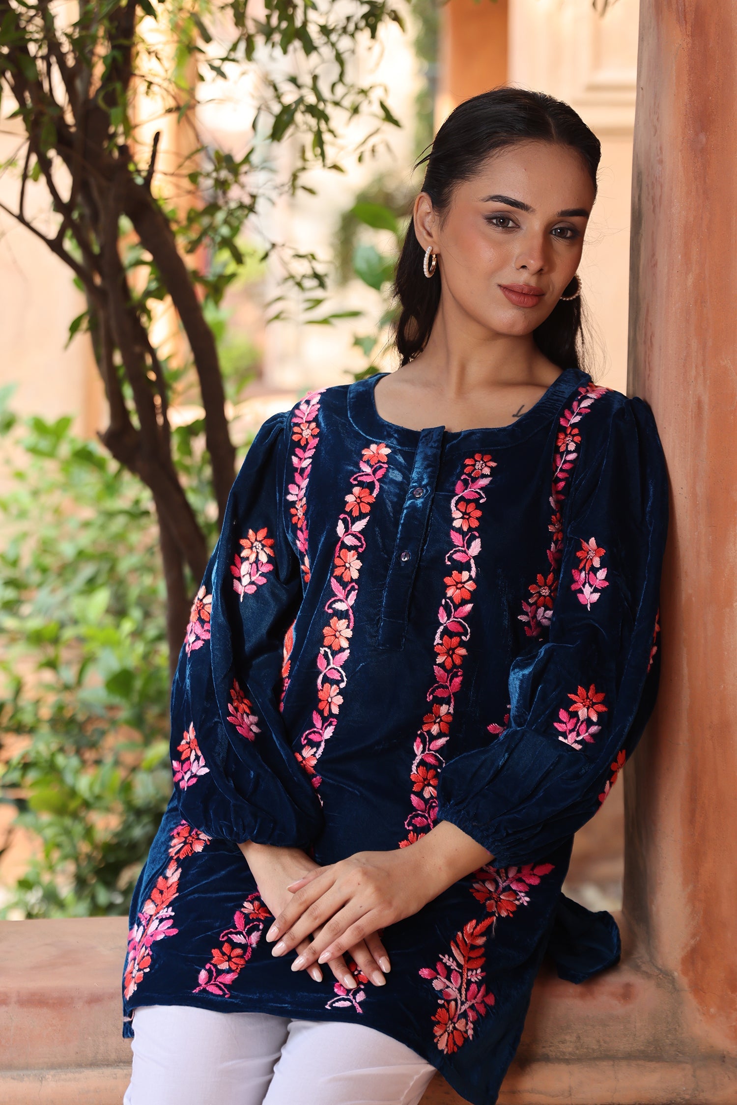 Velvet Chikankari Short Kurti – Blue