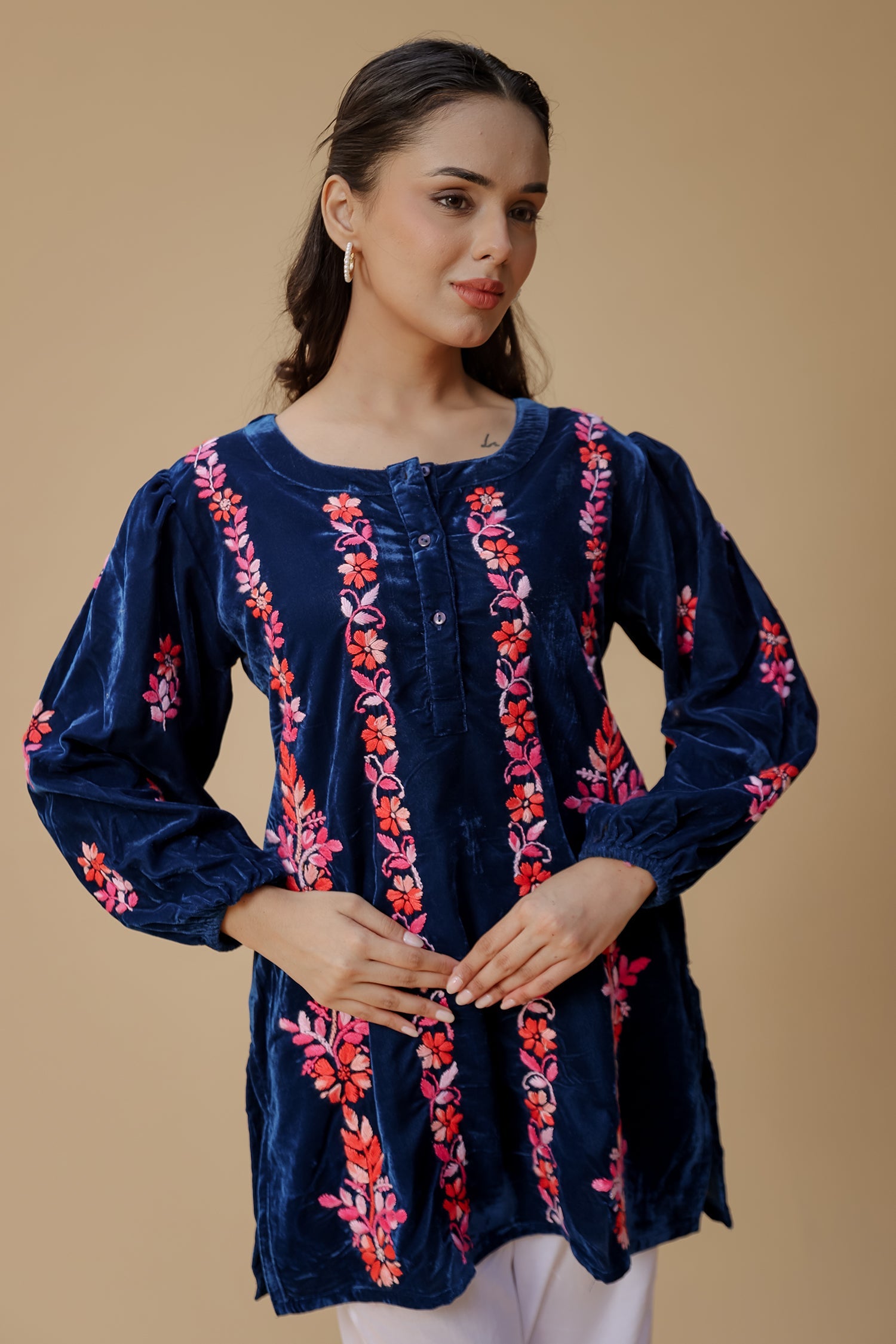 Velvet Chikankari Short Kurti – Blue