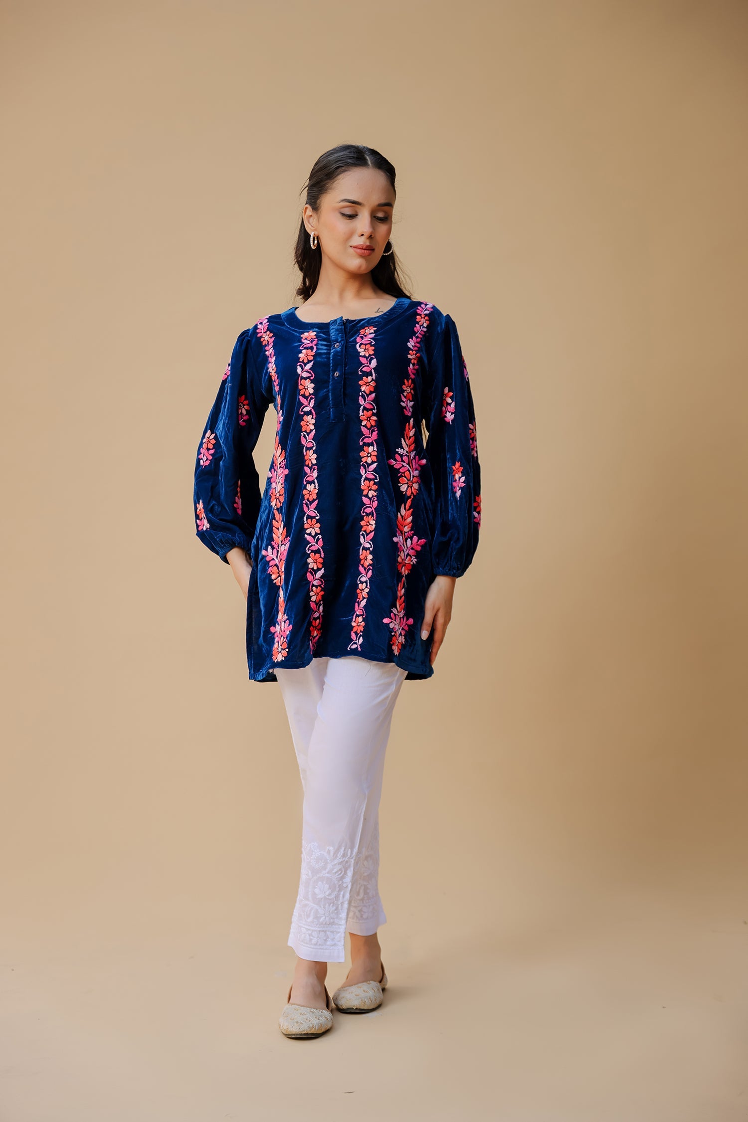 Velvet Chikankari Short Kurti – Blue