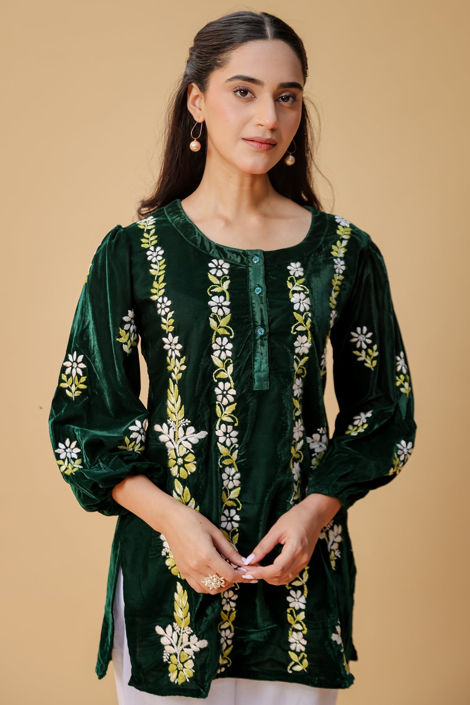 Velvet Chikankari Short Kurti – Green