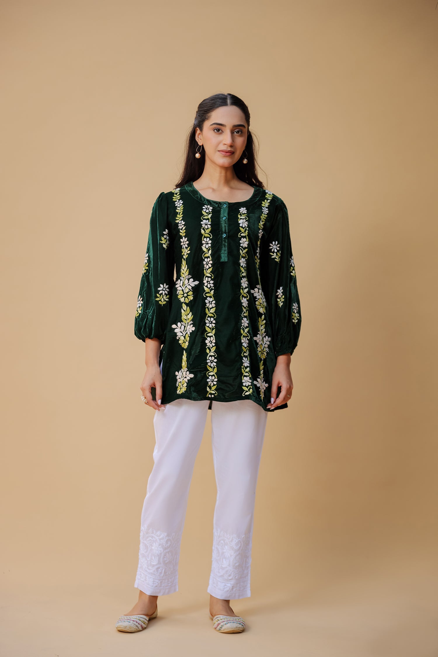 Velvet Chikankari Short Kurti – Green