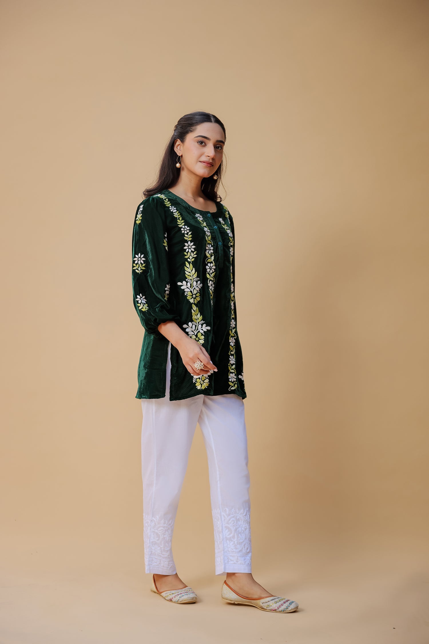 Velvet Chikankari Short Kurti – Green