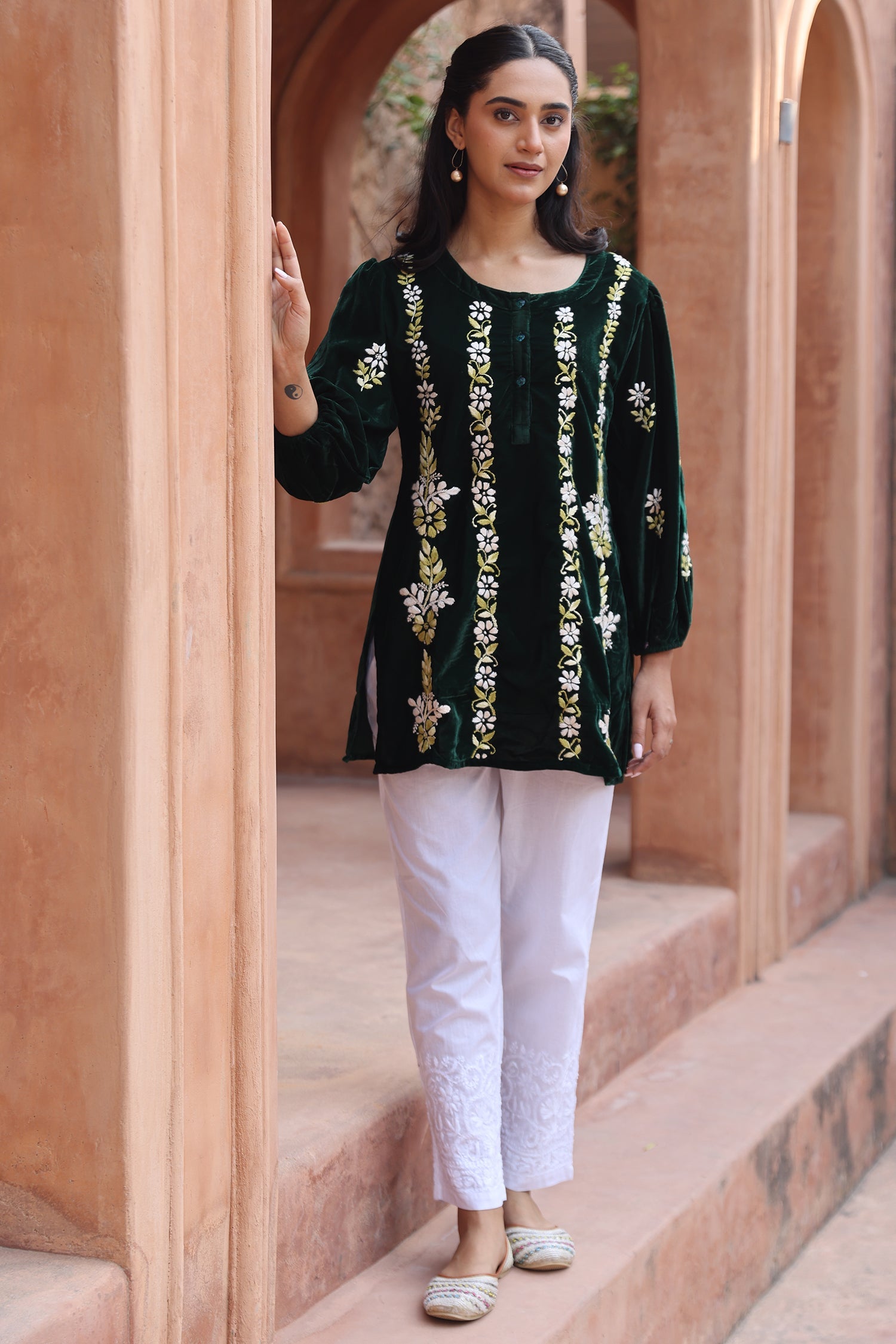 Velvet Chikankari Short Kurti – Green