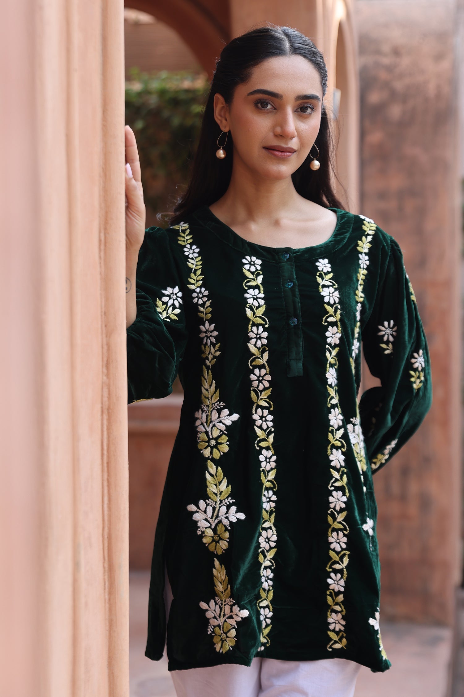 Velvet Chikankari Short Kurti – Green