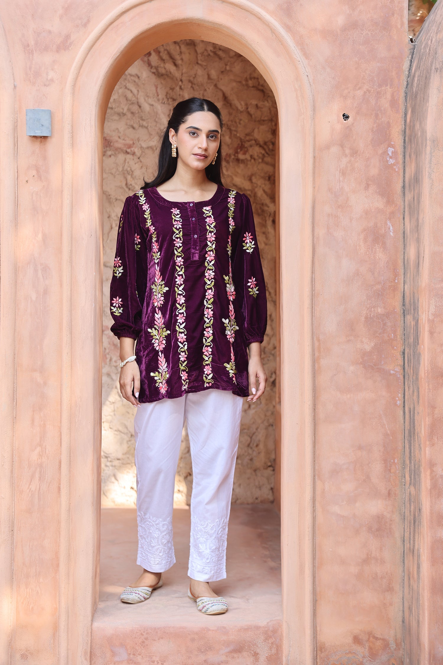 Velvet Chikankari Short Kurti – Wine