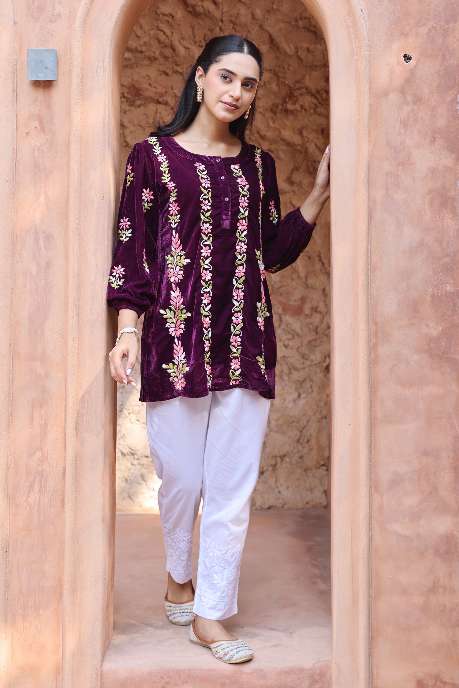 Velvet Chikankari Short Kurti – Wine