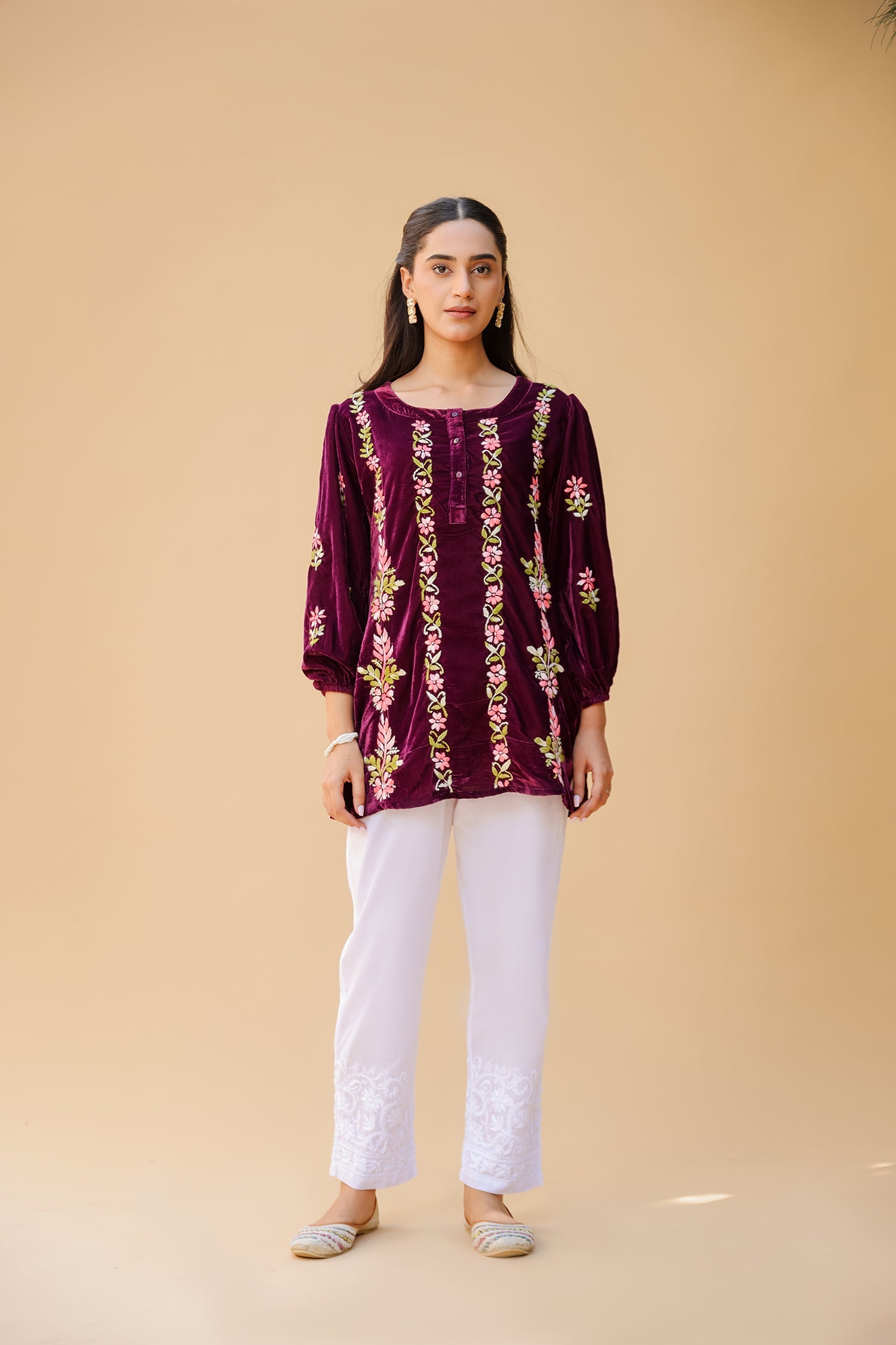 Velvet Chikankari Short Kurti – Wine