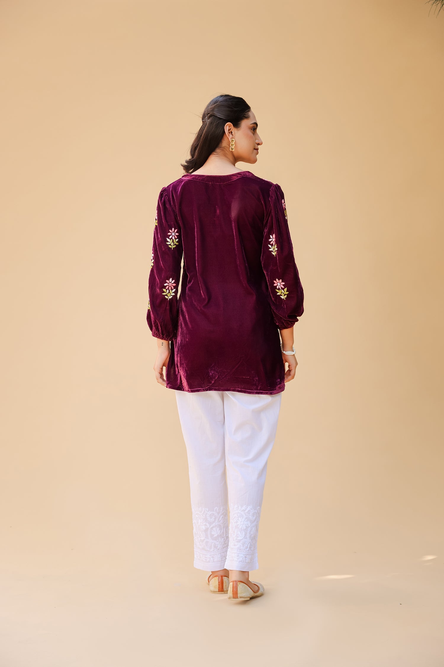 Velvet Chikankari Short Kurti – Wine