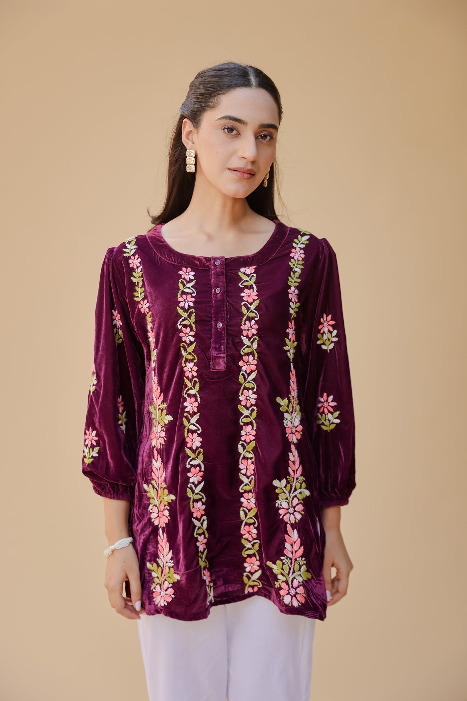 Velvet Chikankari Short Kurti – Wine